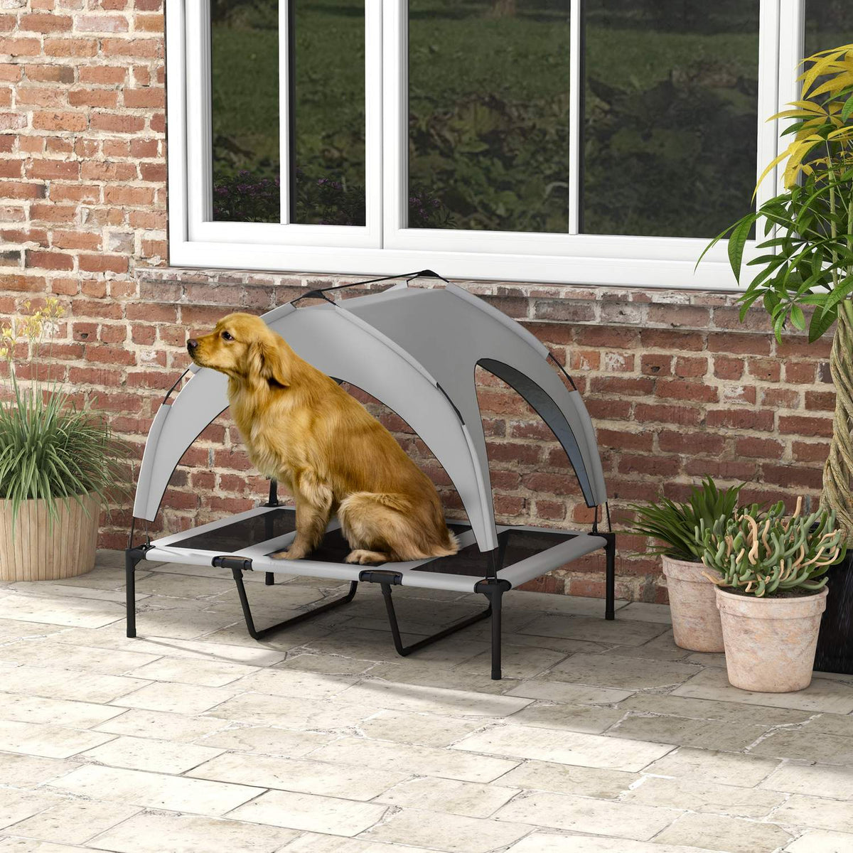 Elevated Dog Bed with Canopy, Pet Bed, Outdoor Dog Lounger with Roof, Breathable, for Large Dogs Light Gray Oxford 106 x 76 x 94 cm