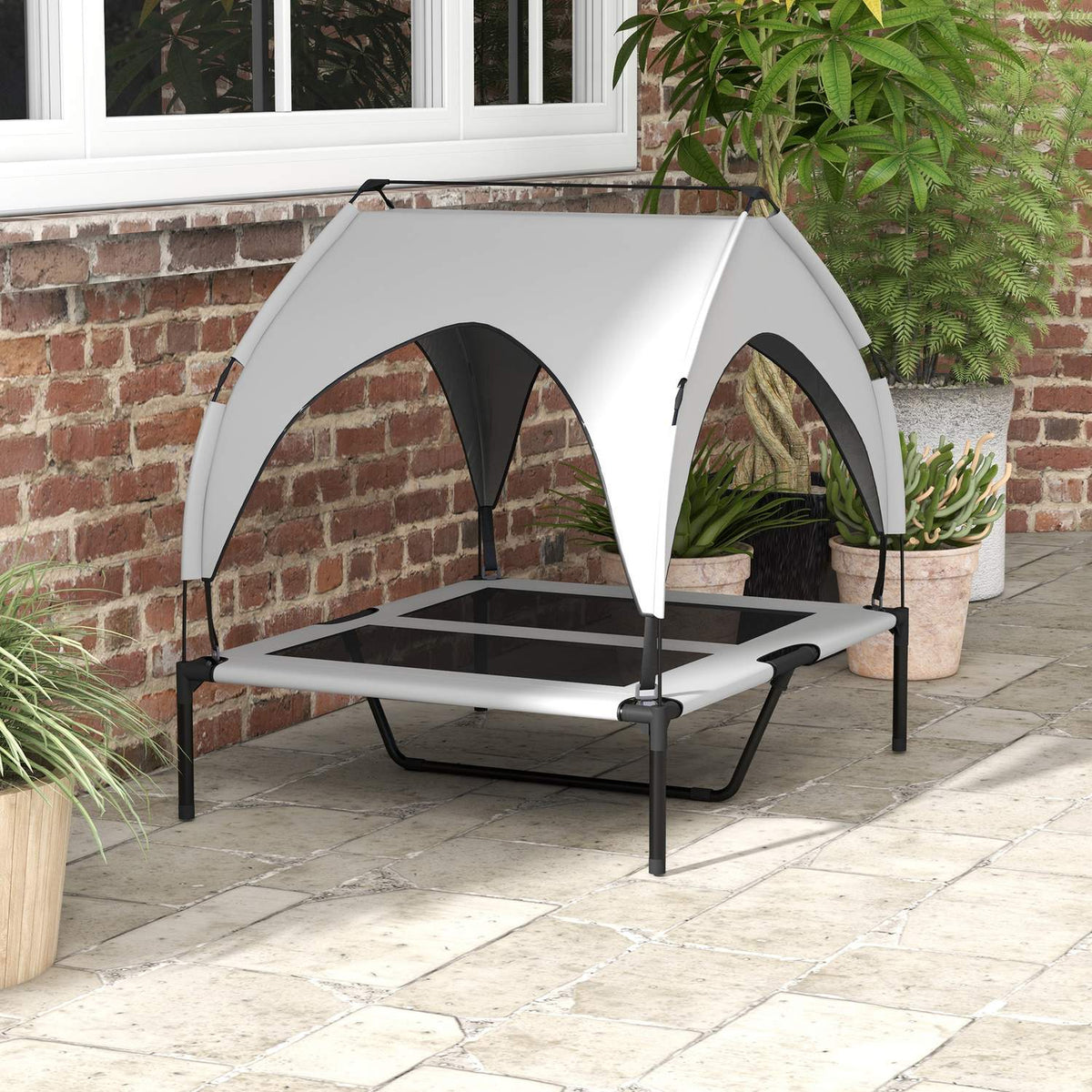 Elevated Dog Bed with Canopy, Pet Bed, Outdoor Dog Lounger with Roof, Breathable, for Large Dogs Light Gray Oxford 91 x 76 x 89 cm
