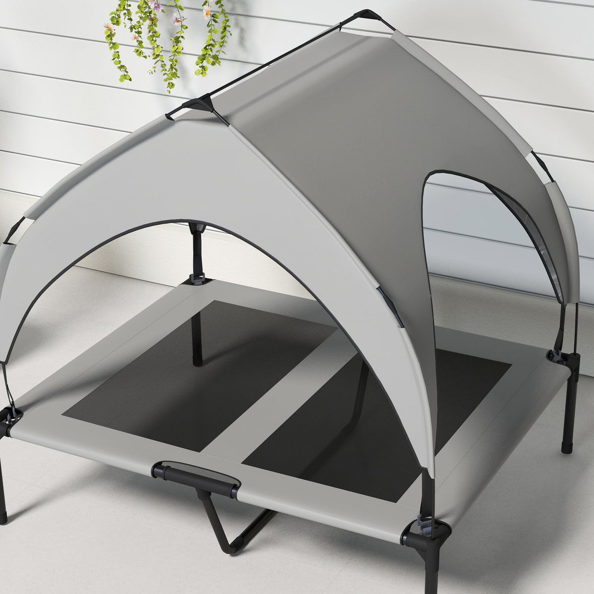 Elevated Dog Bed with Canopy, Pet Bed, Outdoor Dog Lounger with Roof, Breathable, for Large Dogs Light Gray Oxford 91 x 76 x 89 cm