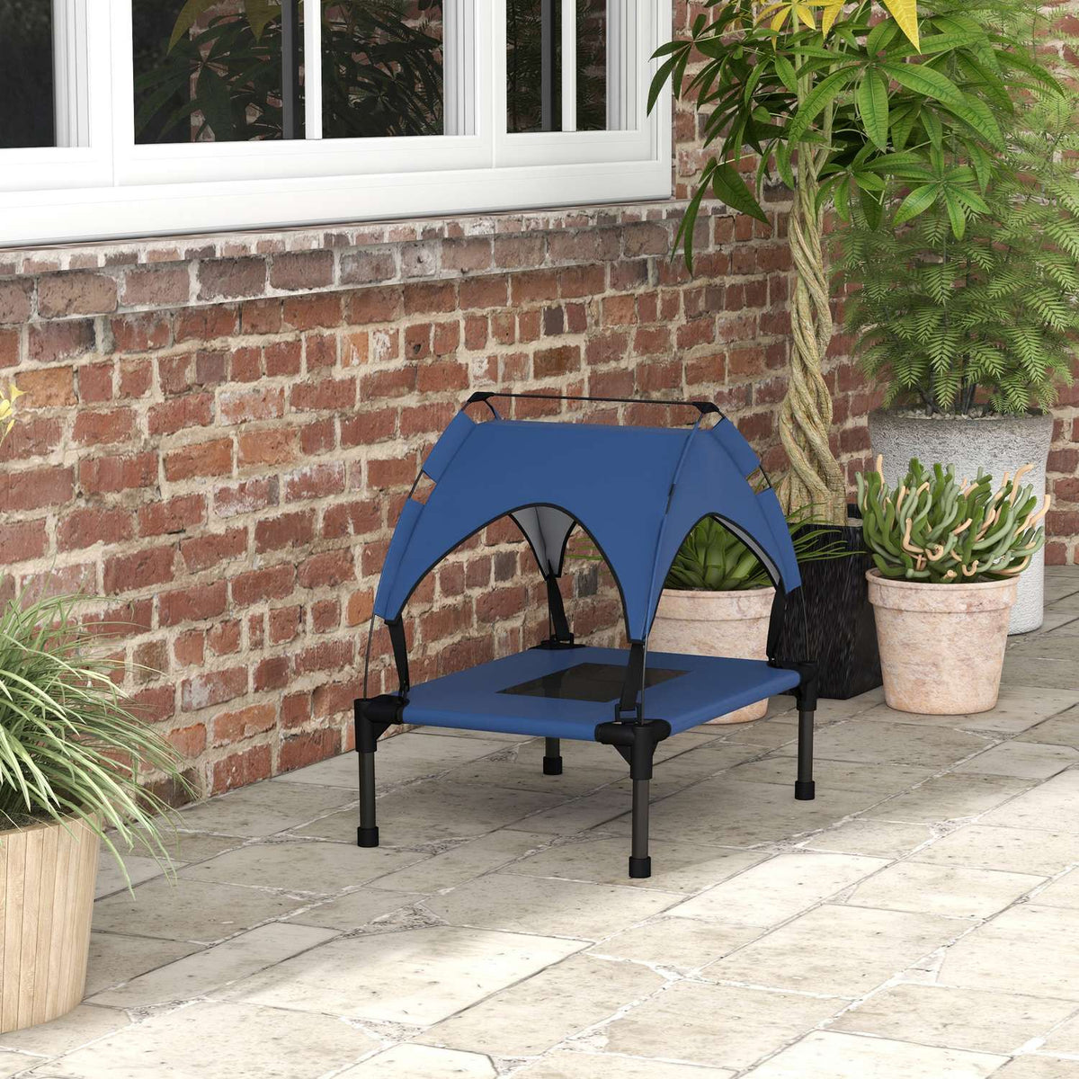 Elevated Dog Bed with Canopy, Pet Bed, Outdoor Dog Lounger with Roof, Breathable, for Mini and Small Dogs Dark Blue Oxford 61 x 46 x 63 cm