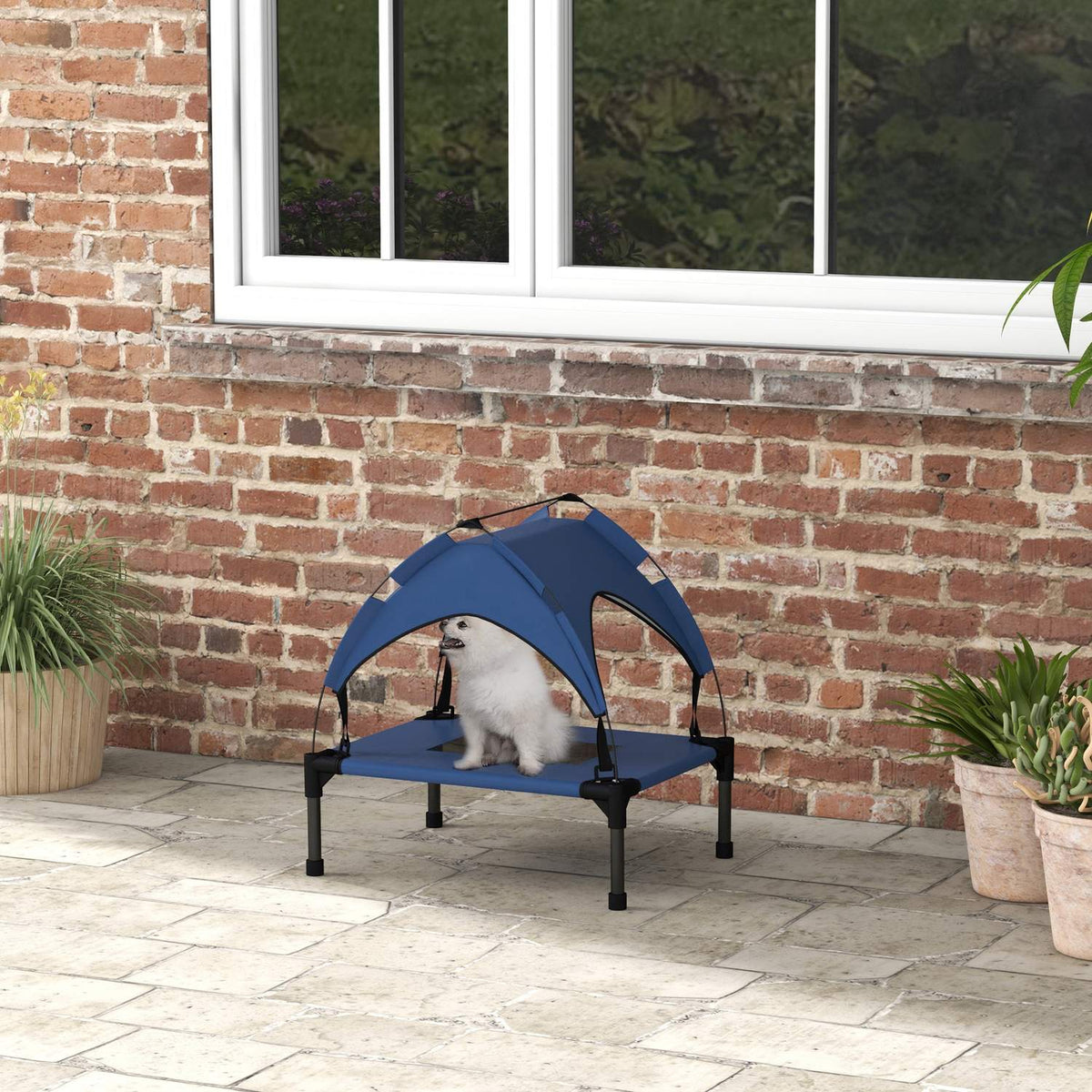 Elevated Dog Bed with Canopy, Pet Bed, Outdoor Dog Lounger with Roof, Breathable, for Mini and Small Dogs Dark Blue Oxford 61 x 46 x 63 cm