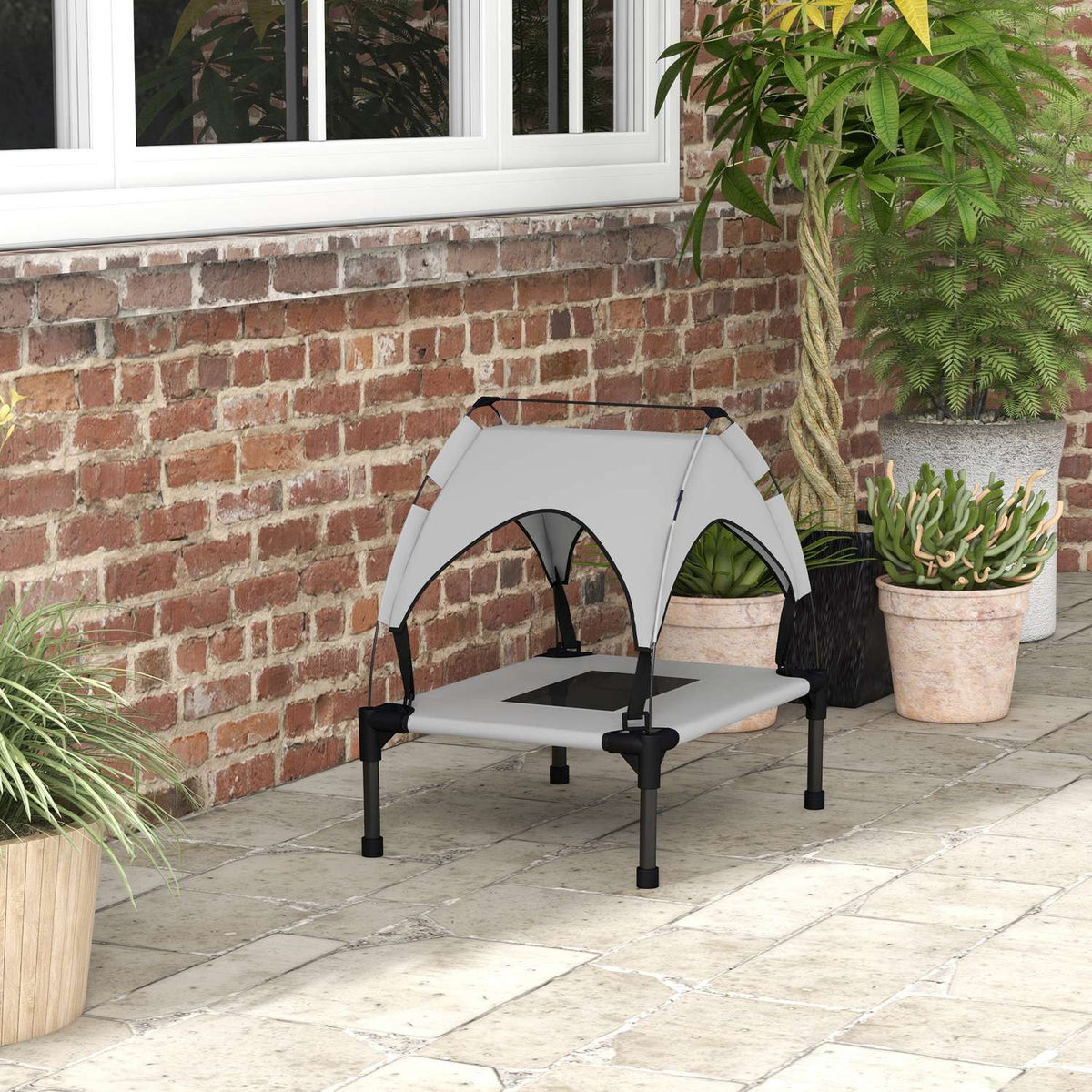 Elevated Dog Bed with Canopy, Pet Bed, Outdoor Dog Lounger with Roof, Breathable, for Mini and Small Dogs Light Gray Oxford 61 x 46 x 63 cm