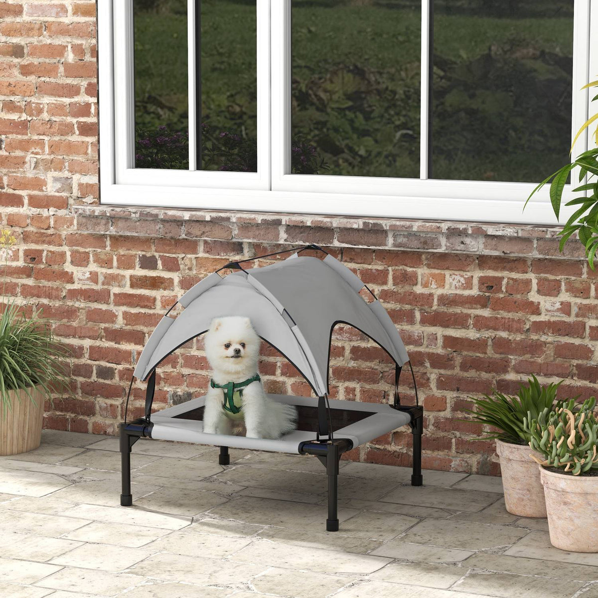 Elevated Dog Bed with Canopy, Pet Bed, Outdoor Dog Lounger with Roof, Breathable, for Small and Medium Dogs Light Gray Oxford 76 x 61 x 69.5 cm