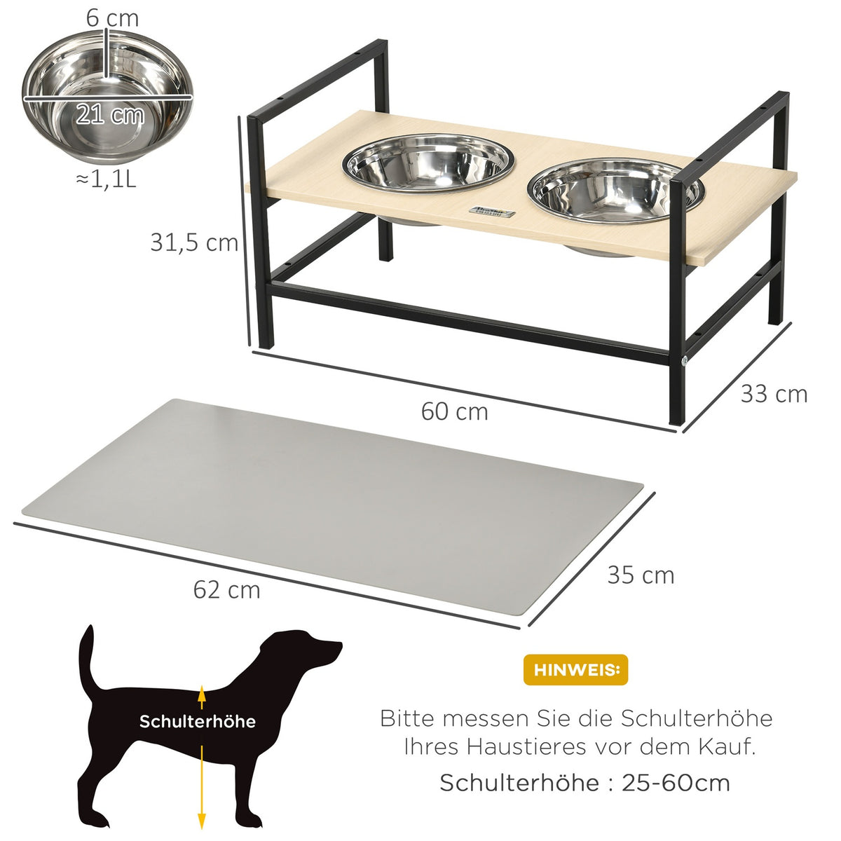 Elevated Dog Bowl Stainless Steel Feeding Bowl With Feeding Stand, Dog Mat, Adjustable For All Dogs