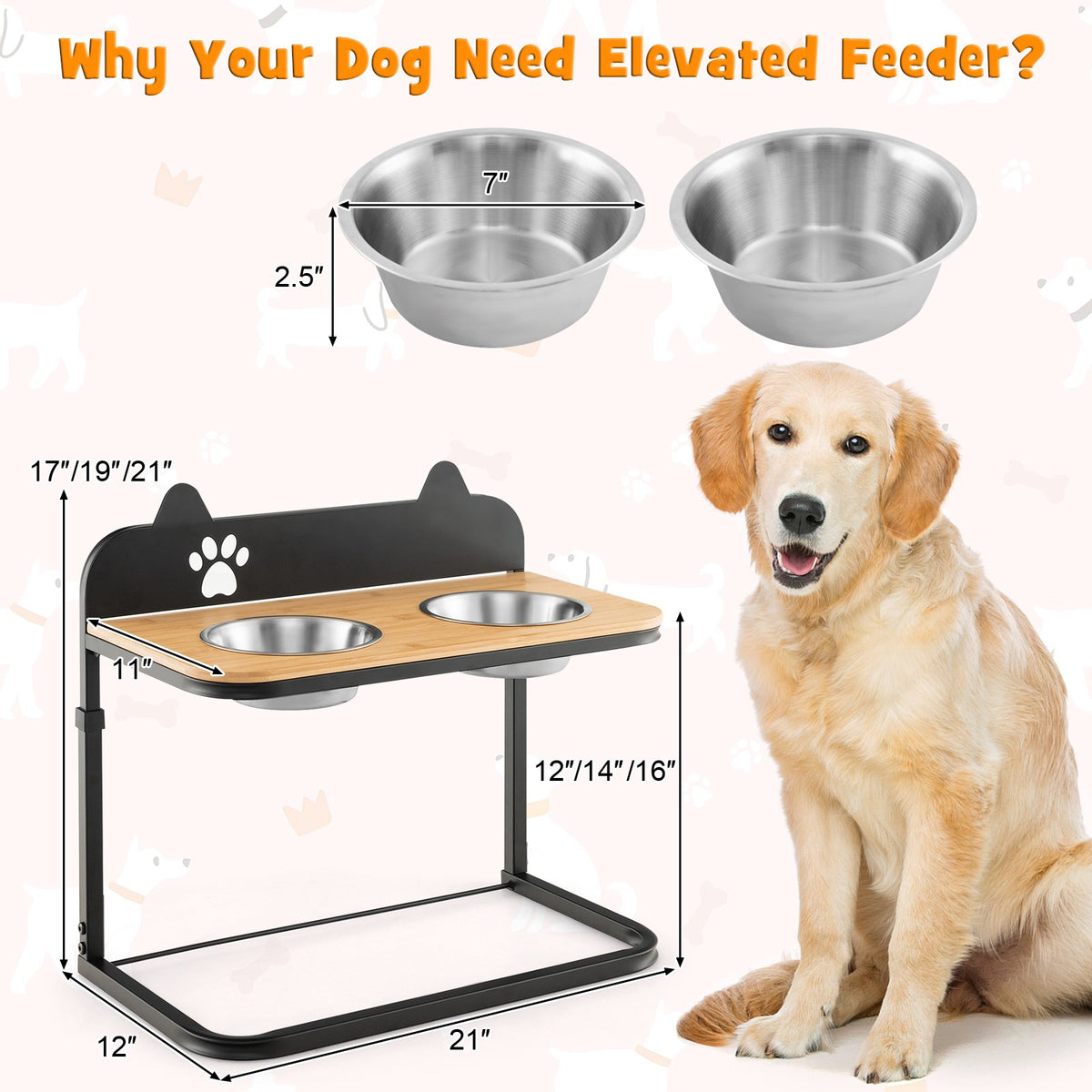 Elevated Dog Bowl Stand, 2 Stainless Bowls, Adjustable
