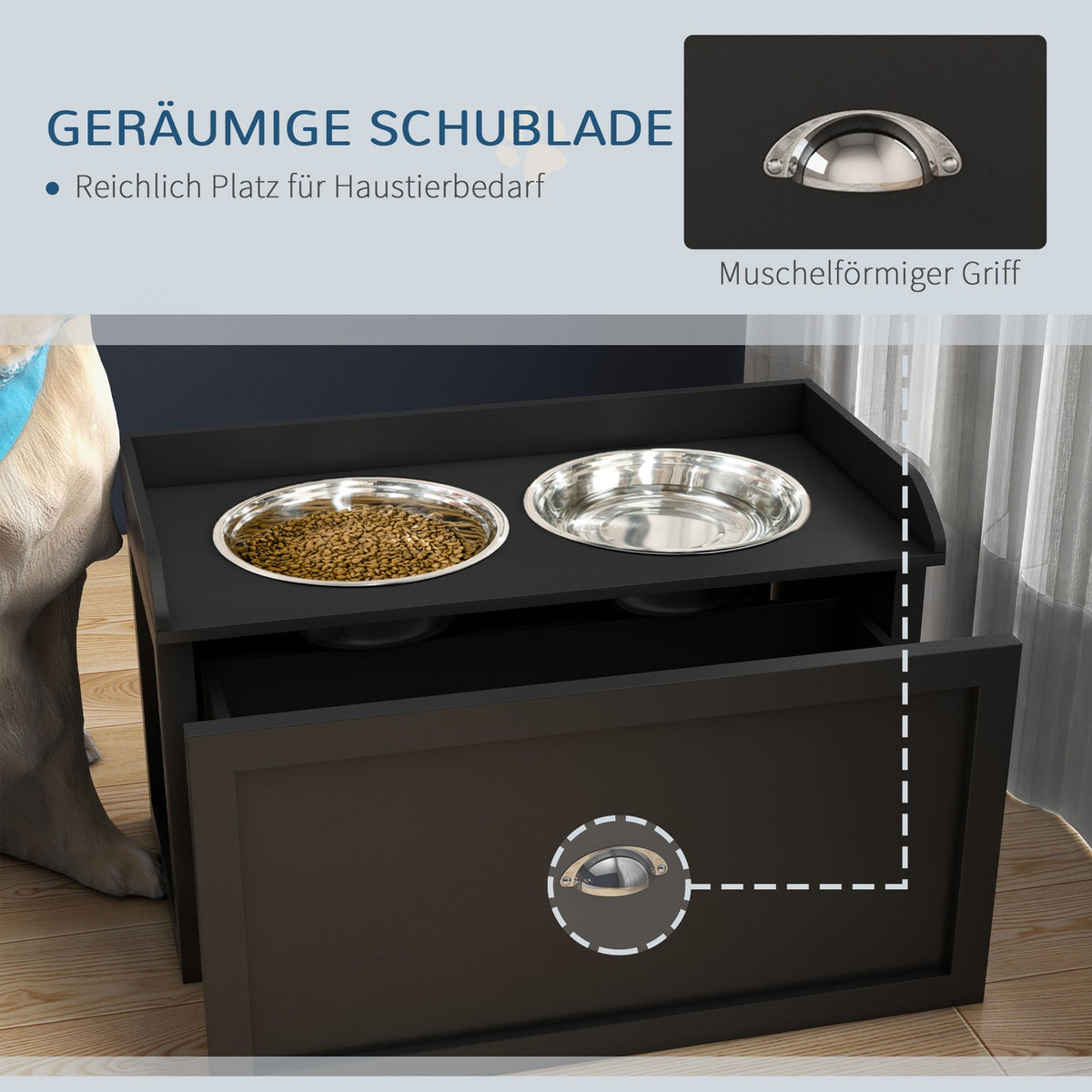 Elevated Dog Bowl Stand with Storage Drawer, Stainless Steel
