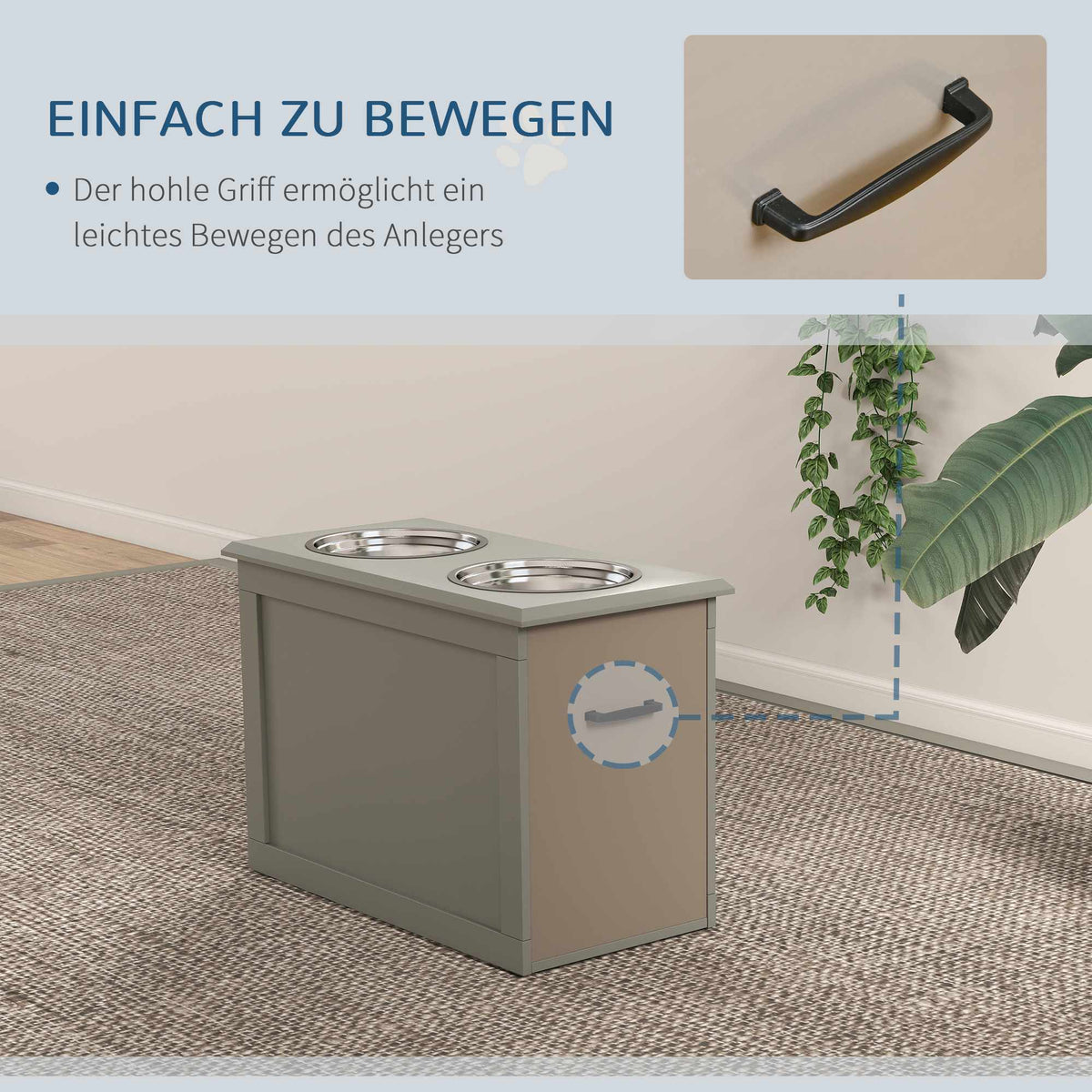 Elevated Pet Feeder with Storage, 2 Stainless Bowls, Grey