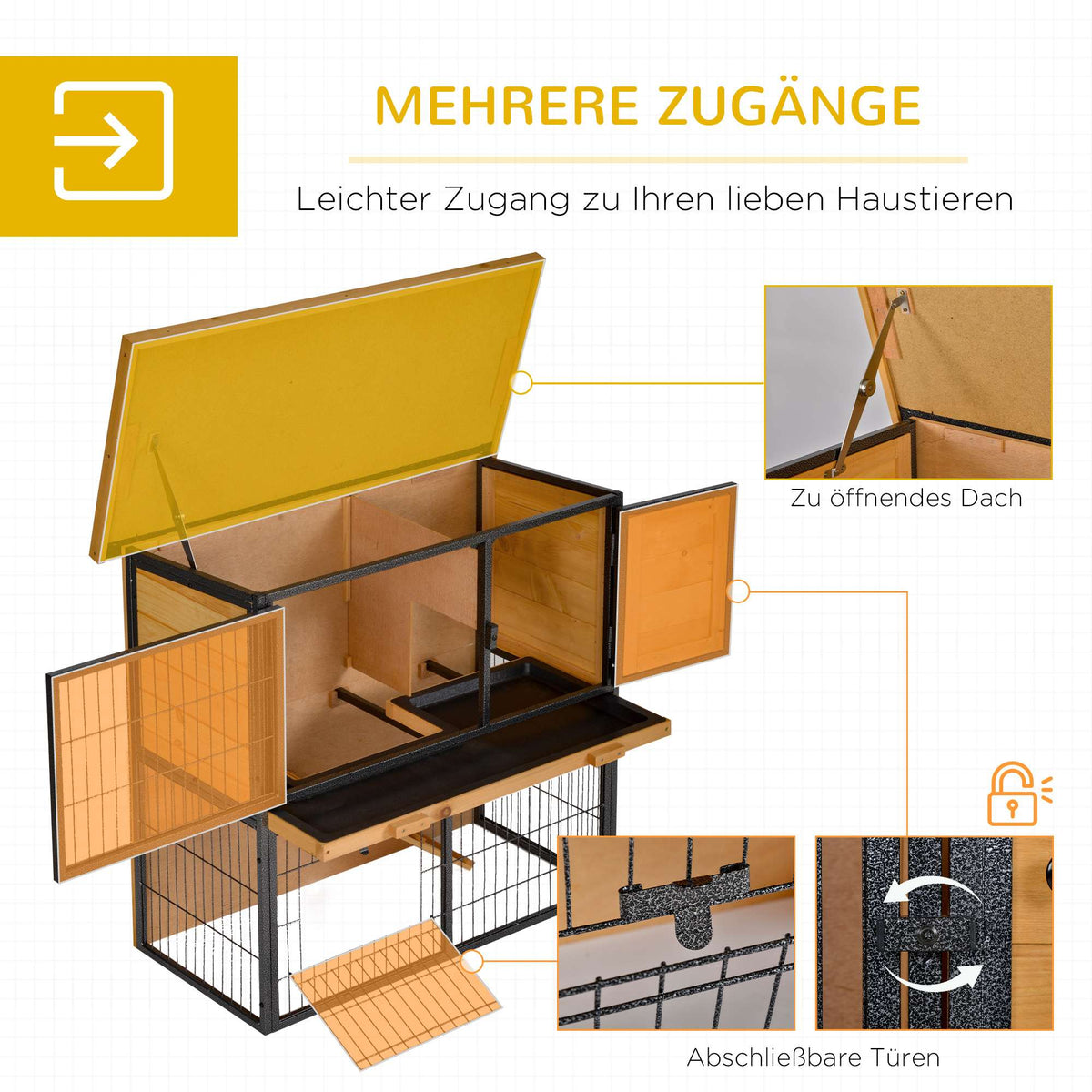 Elevated Small Animal Cage, Lockable Wood-Metal, 89.5x45x81 cm