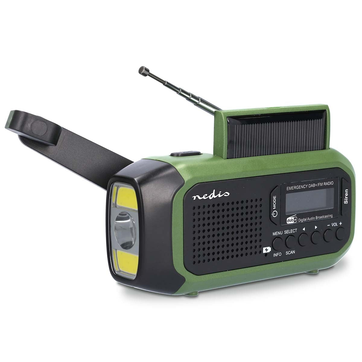 Emergency radio | Portable design | DAB+ / FM | Battery Powered / Hand Crank / Solar Powered / USB Power | Alarm clock | Green / Black