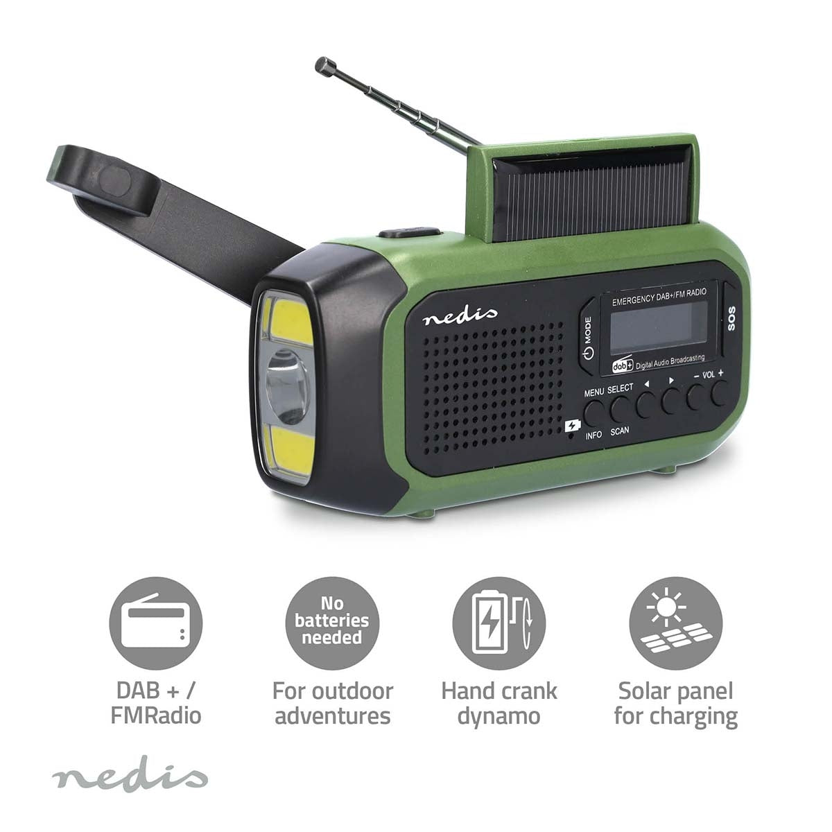 Emergency radio | Portable design | DAB+ / FM | Battery Powered / Hand Crank / Solar Powered / USB Power | Alarm clock | Green / Black