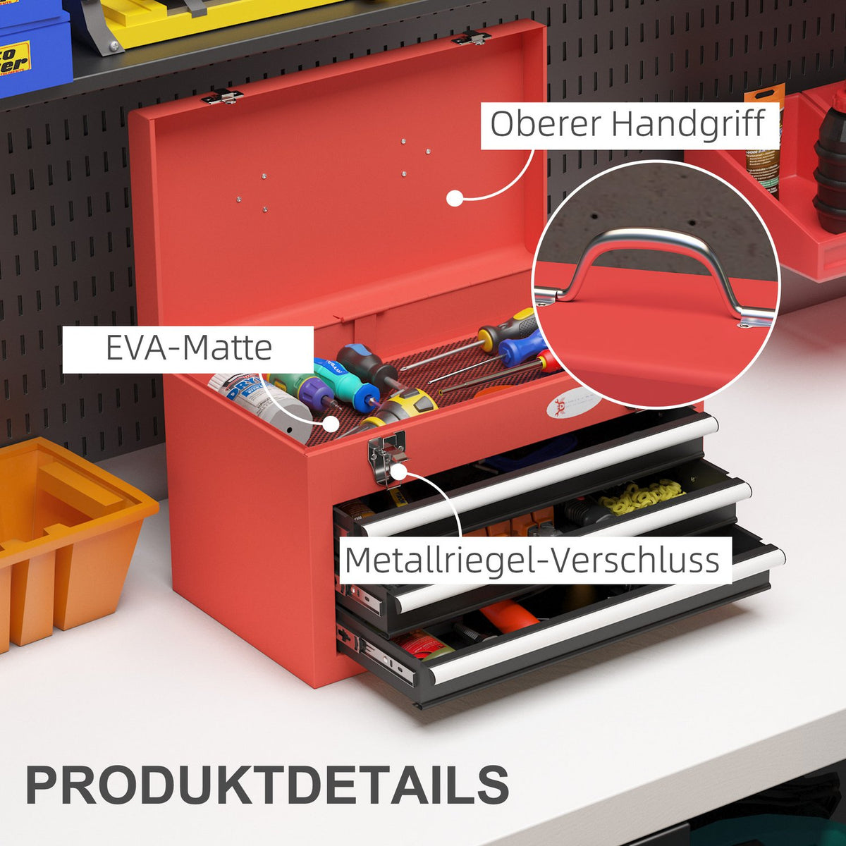 Empty tool box, 45 x 24 x 27 cm tool box with 3 drawers, top storage compartment, handle, tool box with 2 locks, steel, red
