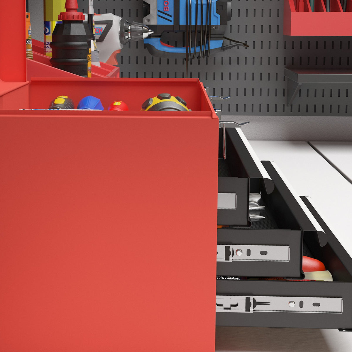Empty tool box, 45 x 24 x 27 cm tool box with 3 drawers, top storage compartment, handle, tool box with 2 locks, steel, red