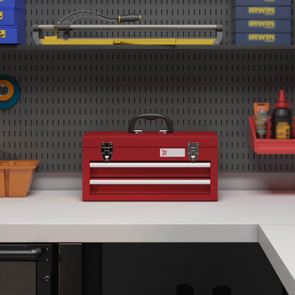 Empty tool box, 46x24x22cm, tool box with 2 drawers, 2 locks, top storage compartment, handle, tool box, steel, red