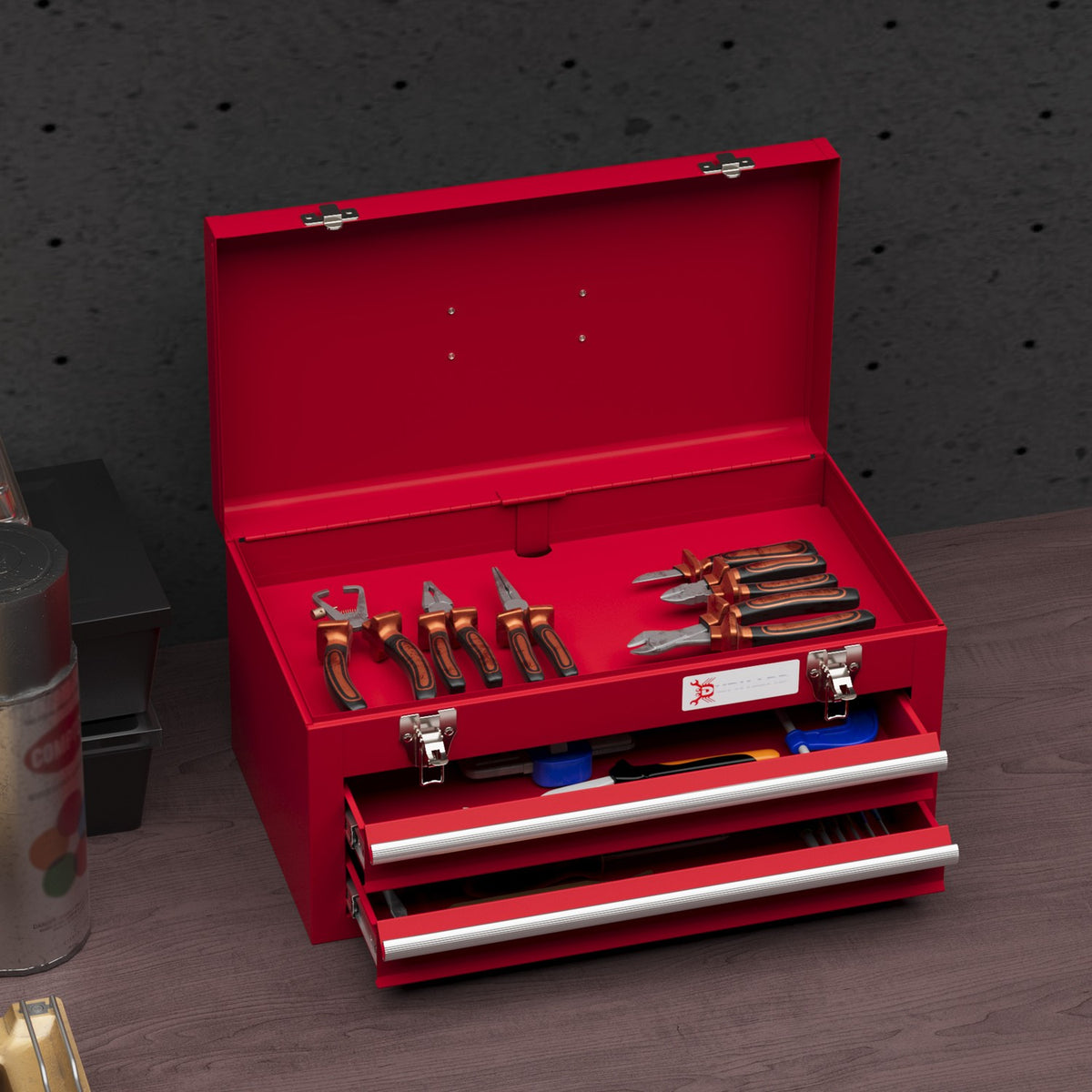 Empty tool box, 46x24x22cm, tool box with 2 drawers, 2 locks, top storage compartment, handle, tool box, steel, red