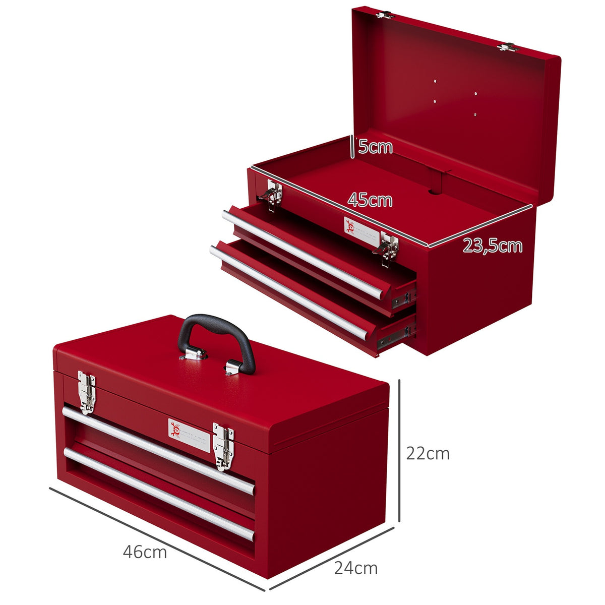 Empty tool box, 46x24x22cm, tool box with 2 drawers, 2 locks, top storage compartment, handle, tool box, steel, red