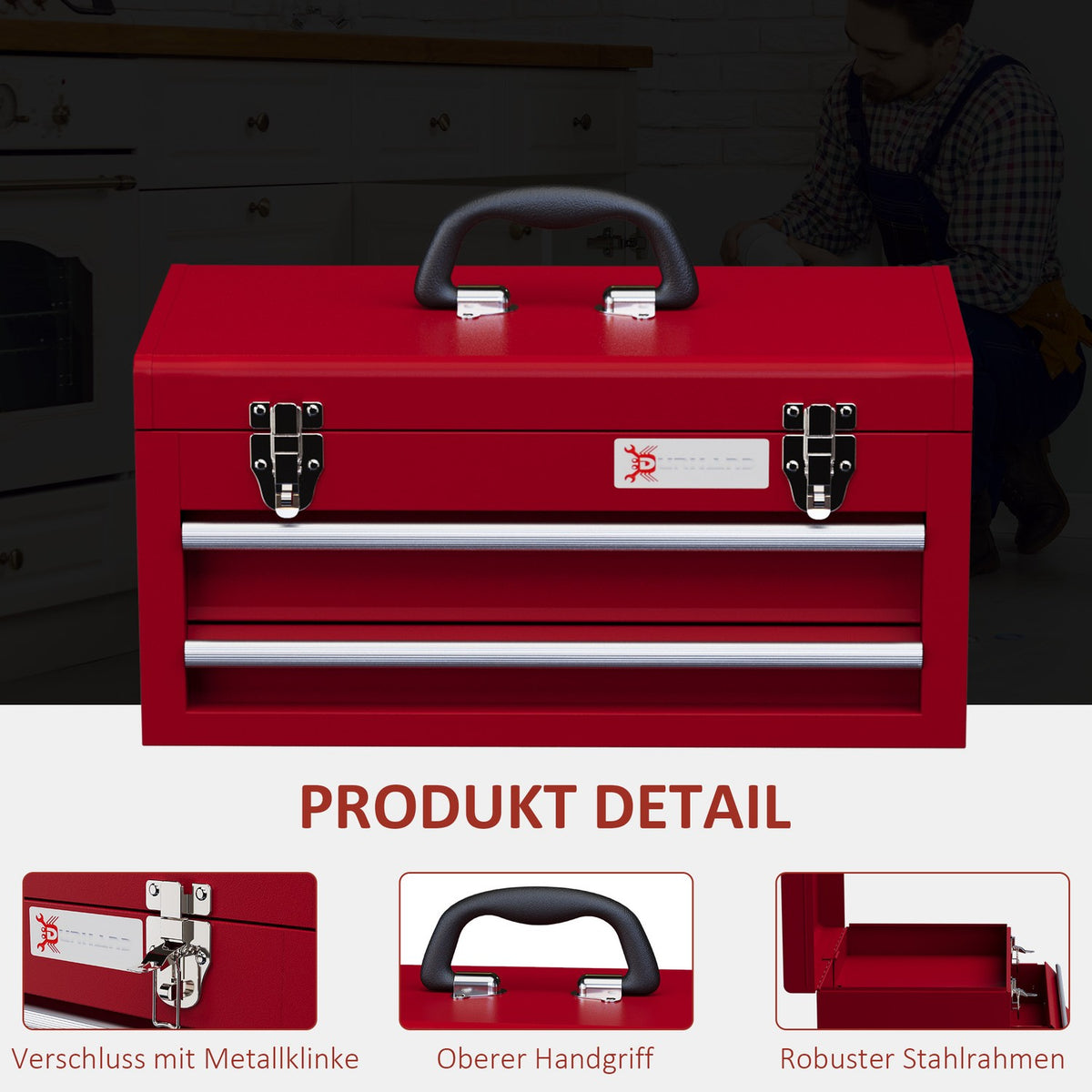 Empty tool box, 46x24x22cm, tool box with 2 drawers, 2 locks, top storage compartment, handle, tool box, steel, red