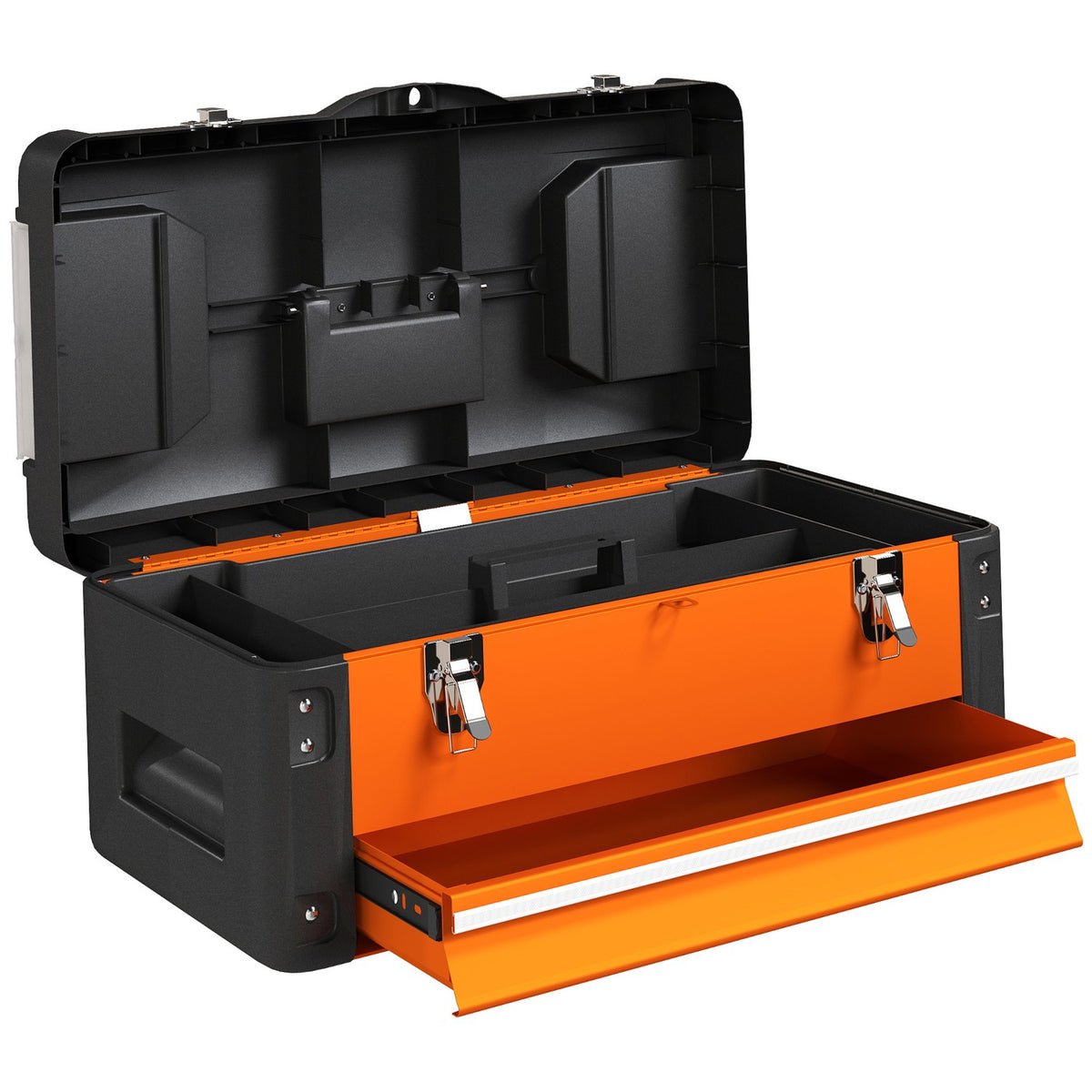 Empty tool box, 49.7 x 25.3 x 23 cm tool box with drawer, mini box steel orange