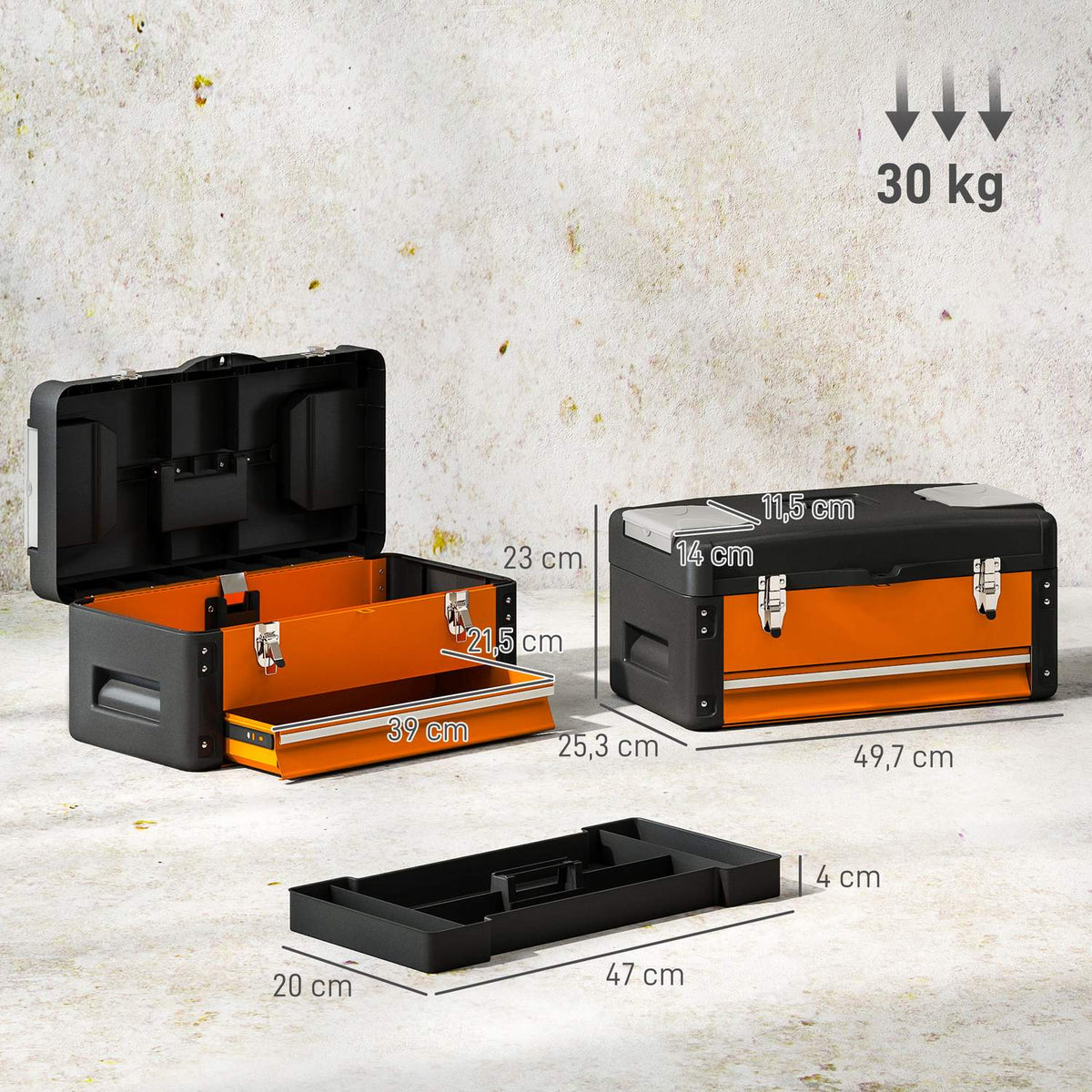Empty tool box, 49.7 x 25.3 x 23 cm tool box with drawer, mini box steel orange