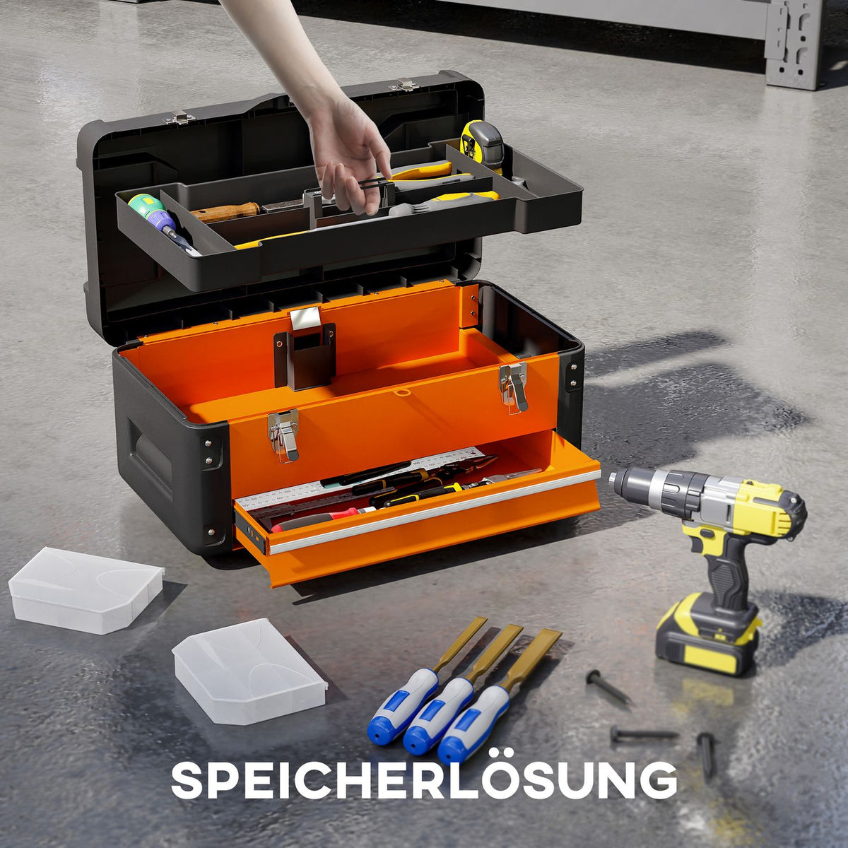 Empty tool box, 49.7 x 25.3 x 23 cm tool box with drawer, mini box steel orange