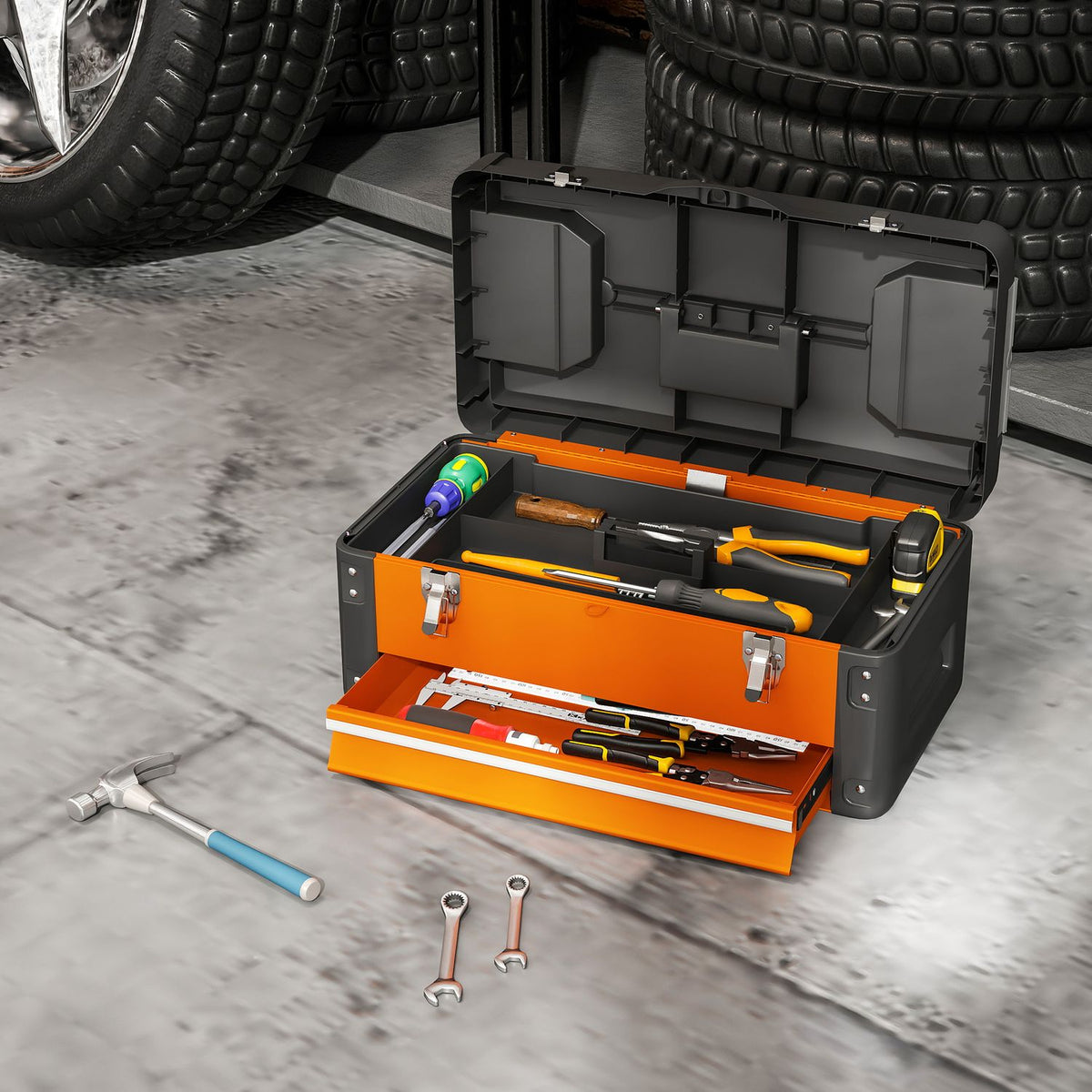 Empty tool box, 49.7 x 25.3 x 23 cm tool box with drawer, mini box steel orange