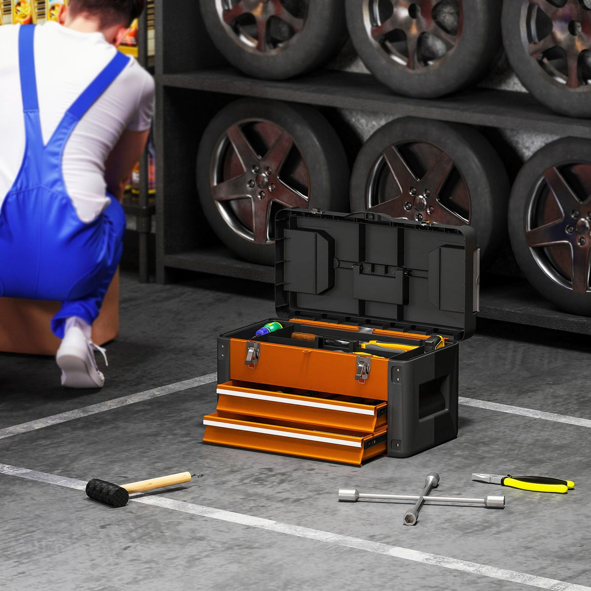 Empty tool box, 49.7 x 25.3 x 28.9 cm tool box with drawer, mini box steel orange