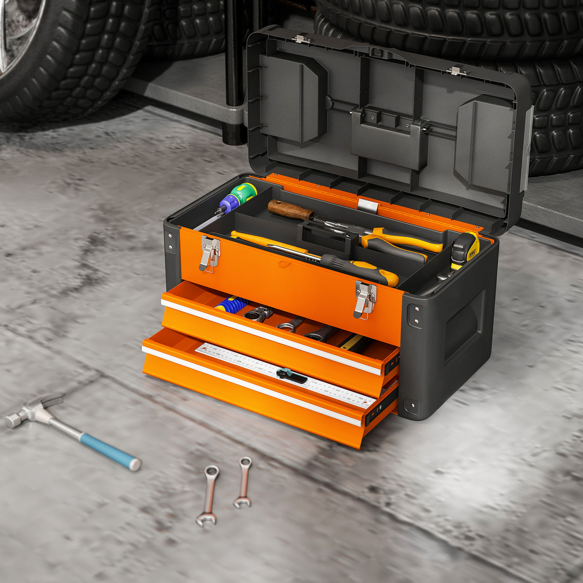 Empty tool box, 49.7 x 25.3 x 28.9 cm tool box with drawer, mini box steel orange