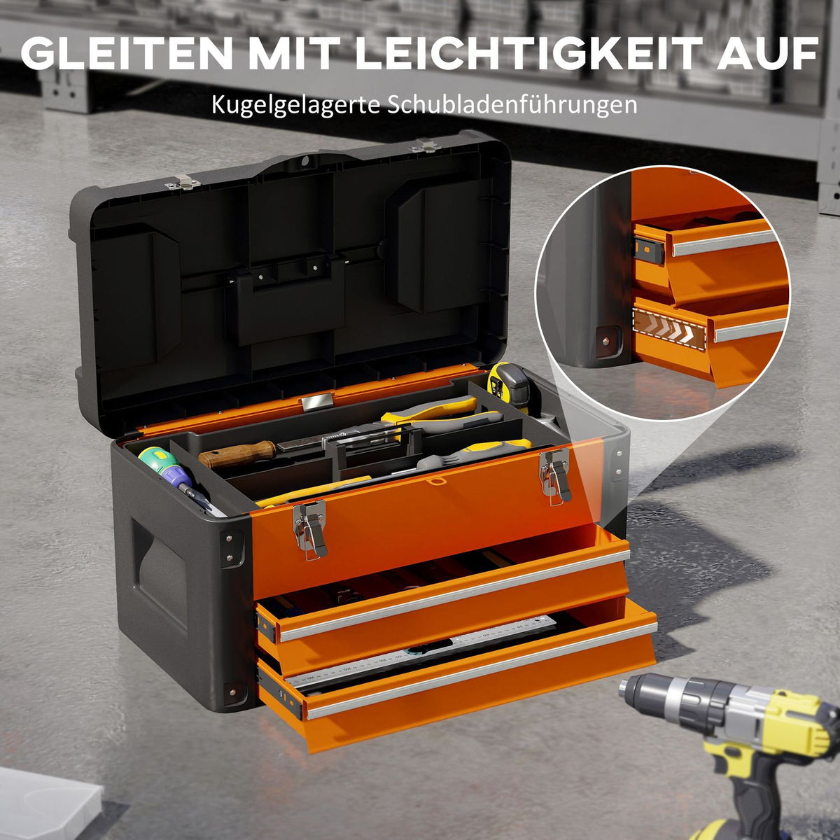Empty tool box, 49.7 x 25.3 x 28.9 cm tool box with drawer, mini box steel orange