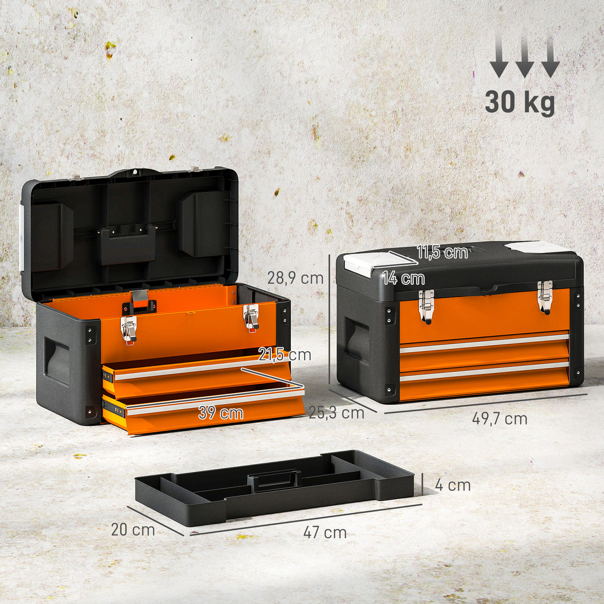Empty tool box, 49.7 x 25.3 x 28.9 cm tool box with drawer, mini box steel orange