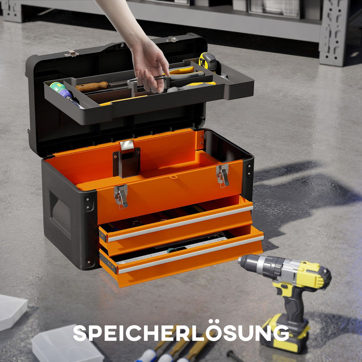 Empty tool box, 49.7 x 25.3 x 28.9 cm tool box with drawer, mini box steel orange