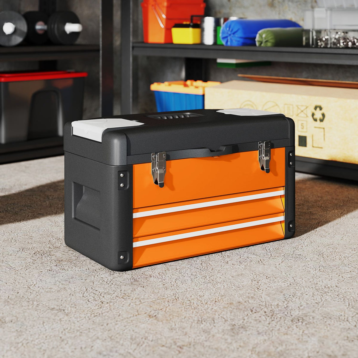 Empty tool box, 49.7 x 25.3 x 28.9 cm tool box with drawer, mini box steel orange