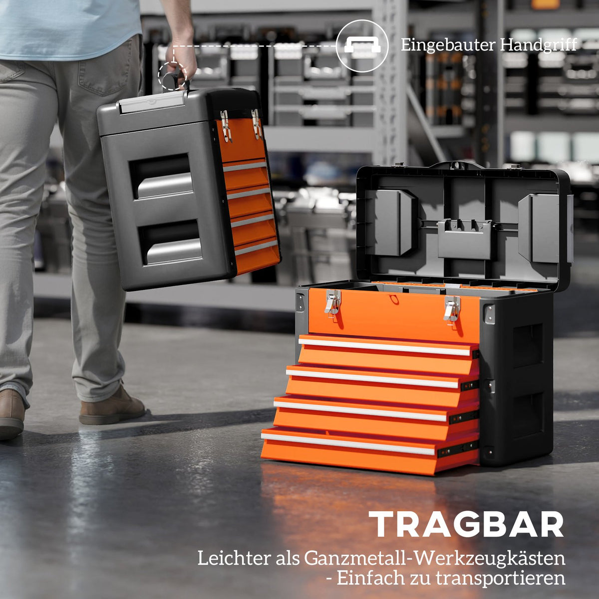 Empty tool box, 49.7 x 25.3 x 40.7 cm tool box with 4 drawers, mini box steel orange