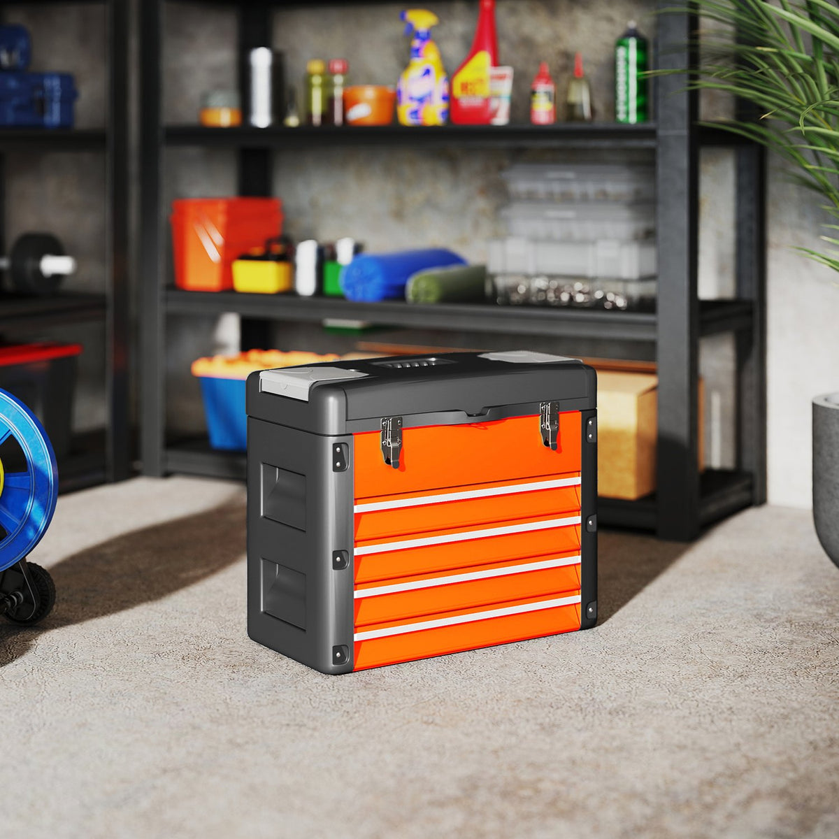 Empty tool box, 49.7 x 25.3 x 40.7 cm tool box with 4 drawers, mini box steel orange