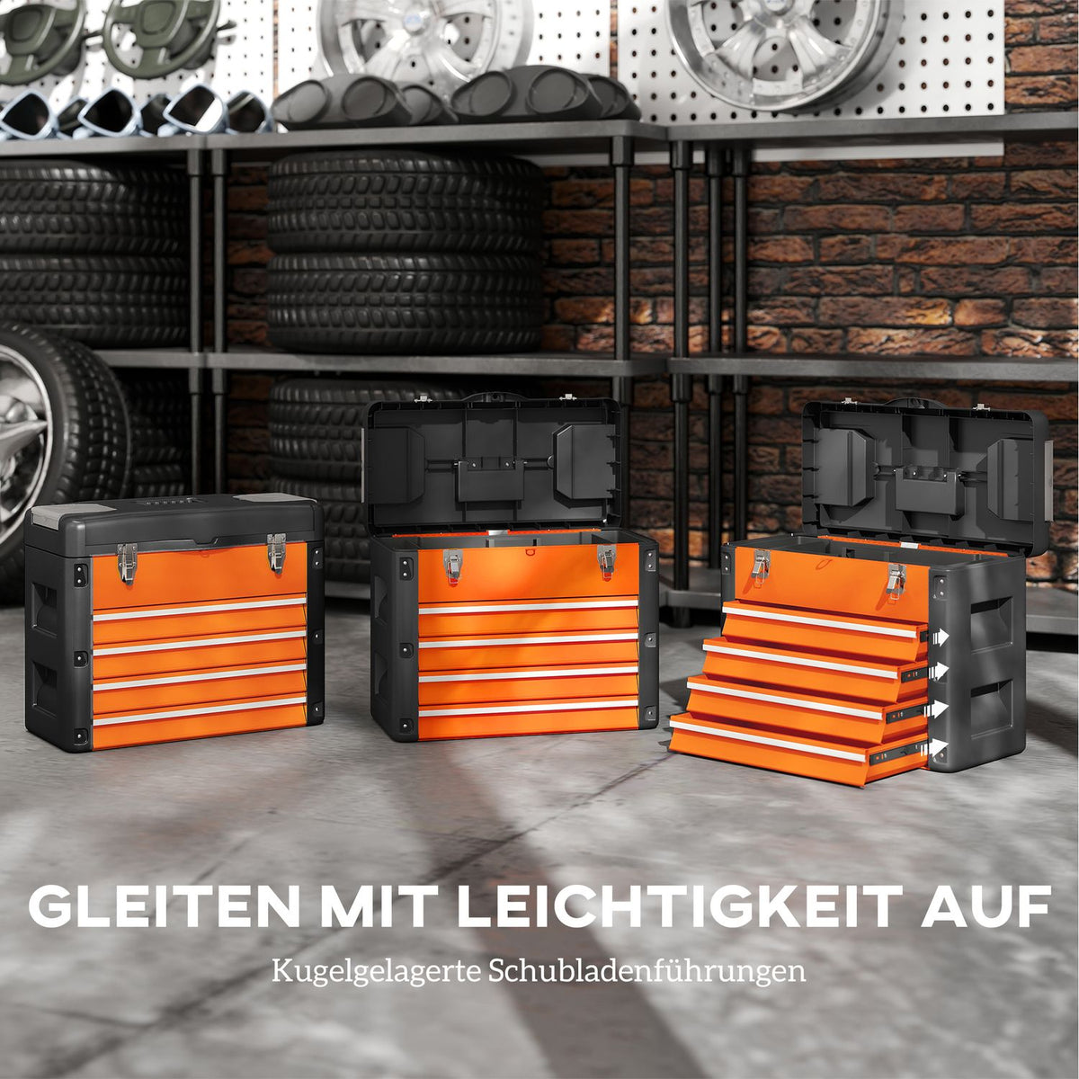 Empty tool box, 49.7 x 25.3 x 40.7 cm tool box with 4 drawers, mini box steel orange