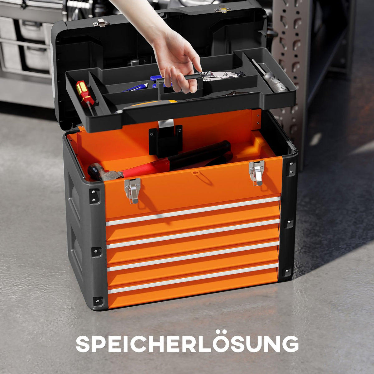 Empty tool box, 49.7 x 25.3 x 40.7 cm tool box with 4 drawers, mini box steel orange