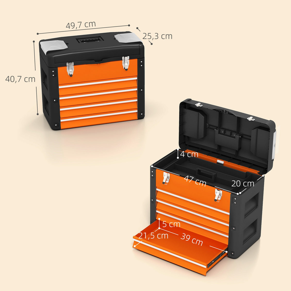 Empty tool box, 49.7 x 25.3 x 40.7 cm tool box with 4 drawers, mini box steel orange