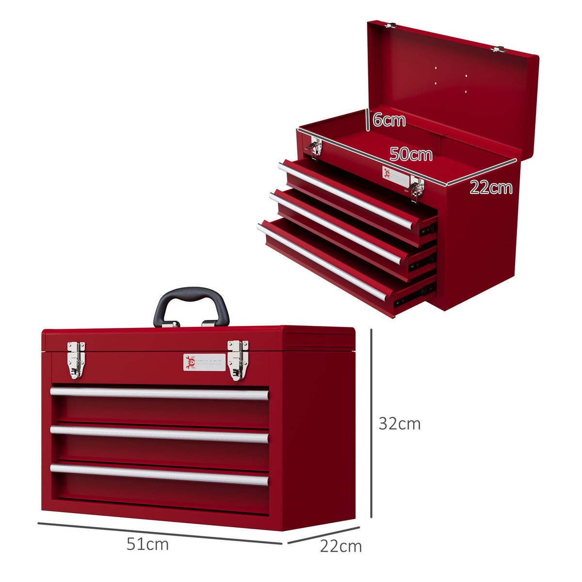 Empty tool box, 51x22x32cm tool box with 3 drawers, top storage compartment, handle, tool box with lock, steel, red
