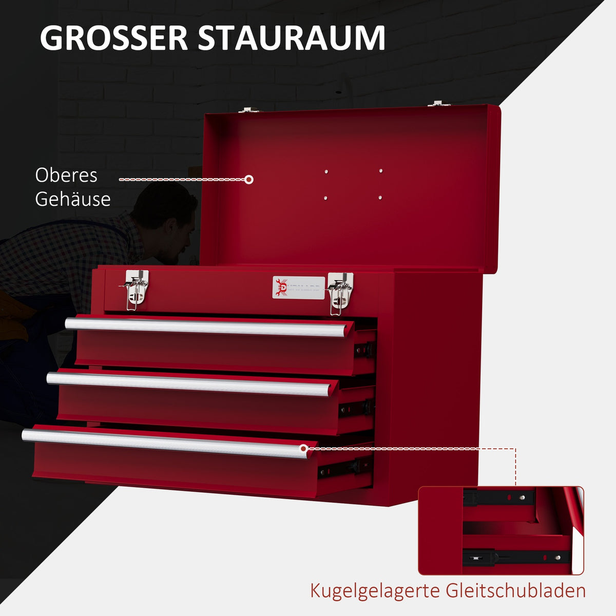 Empty tool box, 51x22x32cm tool box with 3 drawers, top storage compartment, handle, tool box with lock, steel, red