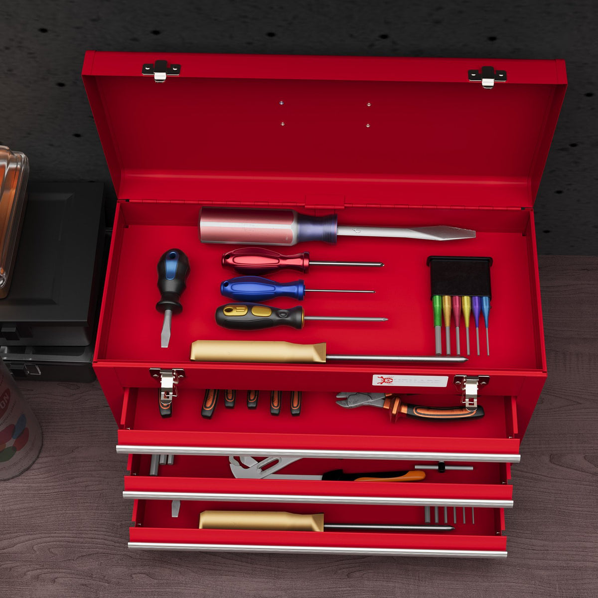 Empty tool box, 51x22x32cm tool box with 3 drawers, top storage compartment, handle, tool box with lock, steel, red