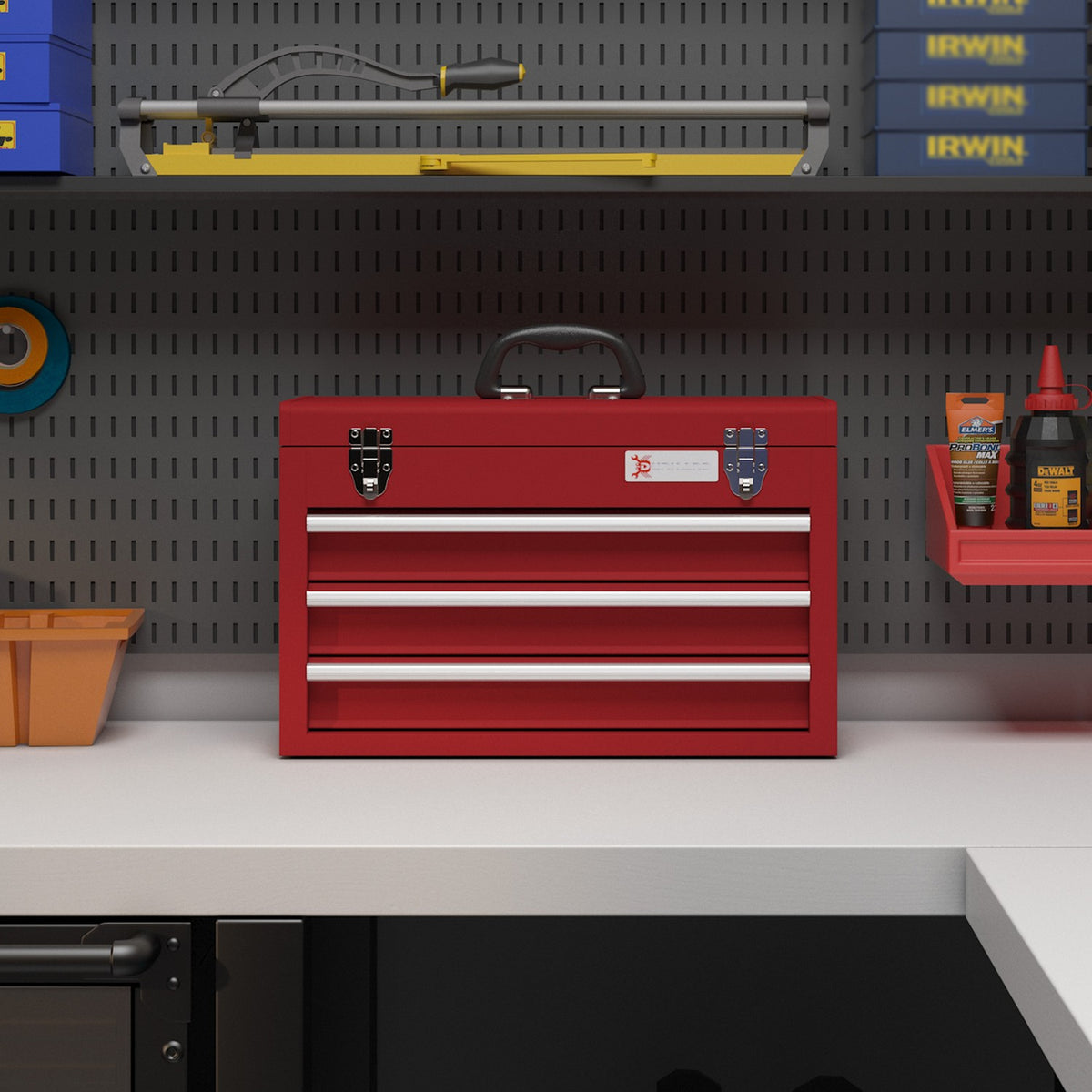 Empty tool box, 51x22x32cm tool box with 3 drawers, top storage compartment, handle, tool box with lock, steel, red