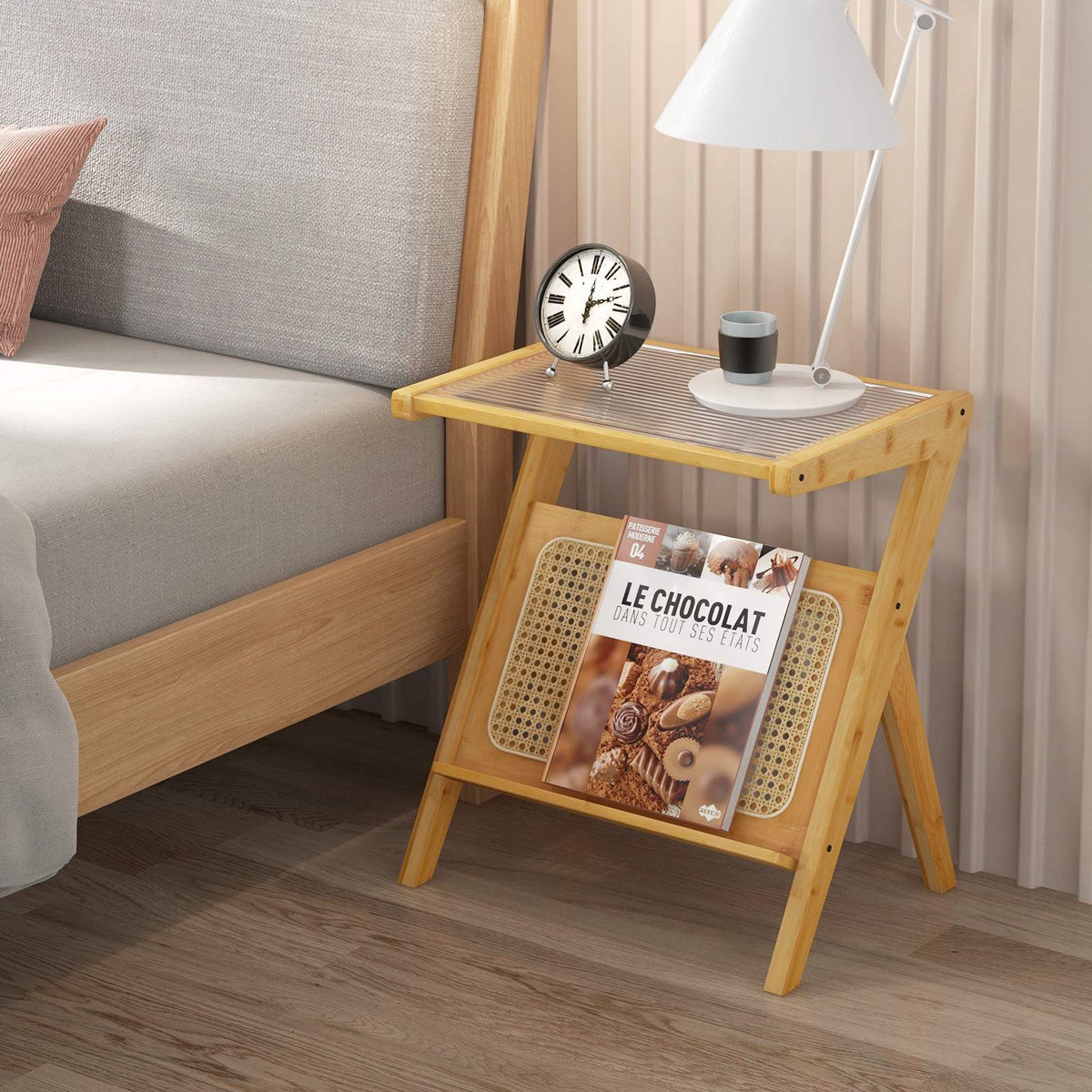 End Table With Magazine Rack, Tempered Glass Top, Bamboo