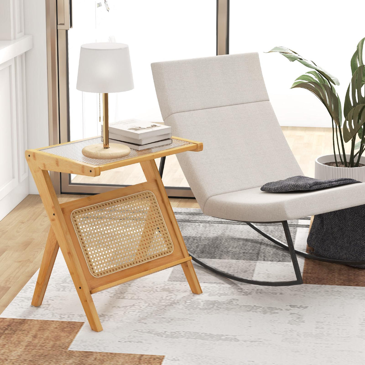End Table With Magazine Rack, Tempered Glass Top, Bamboo