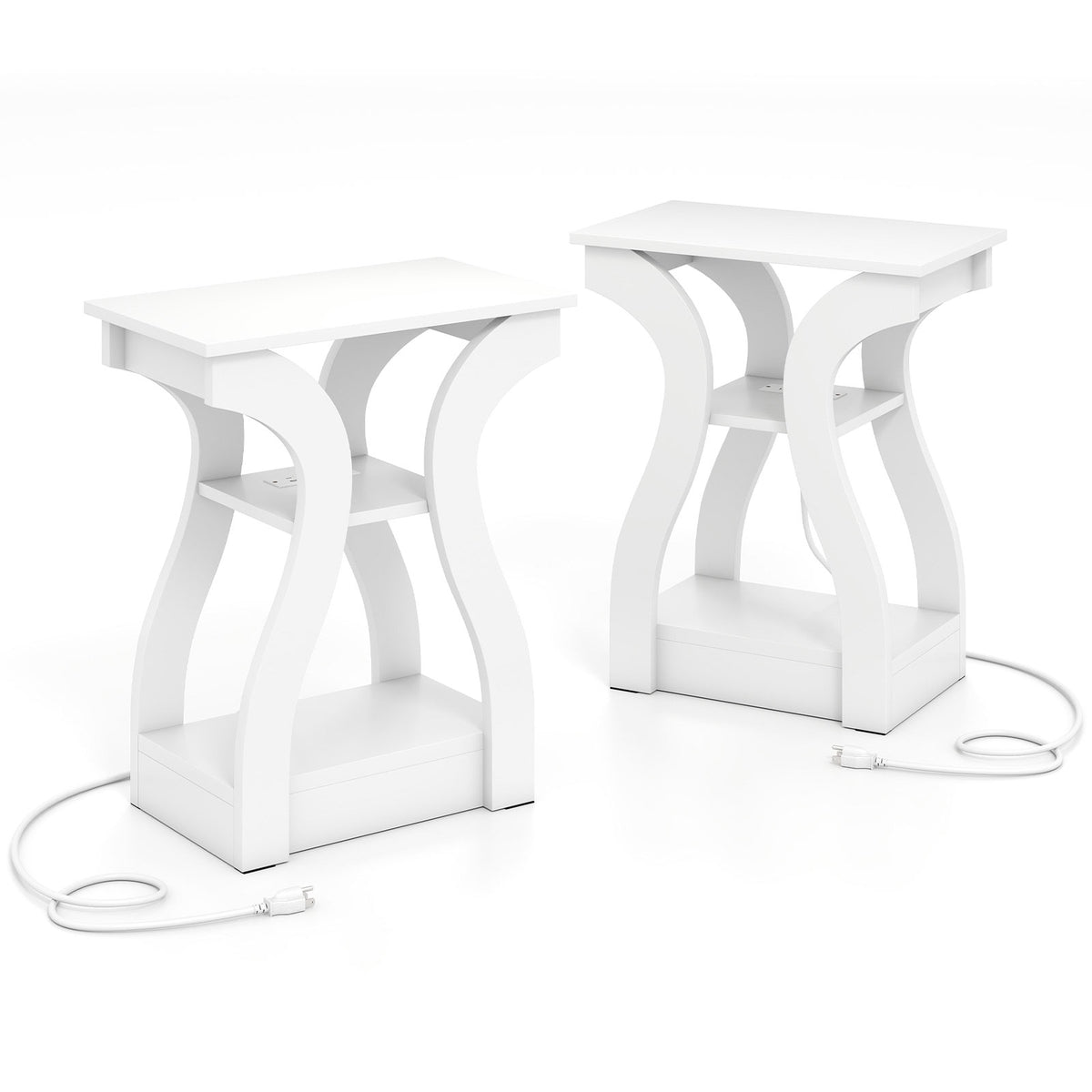 End Tables Set with Charging Station, 3-Tier, White