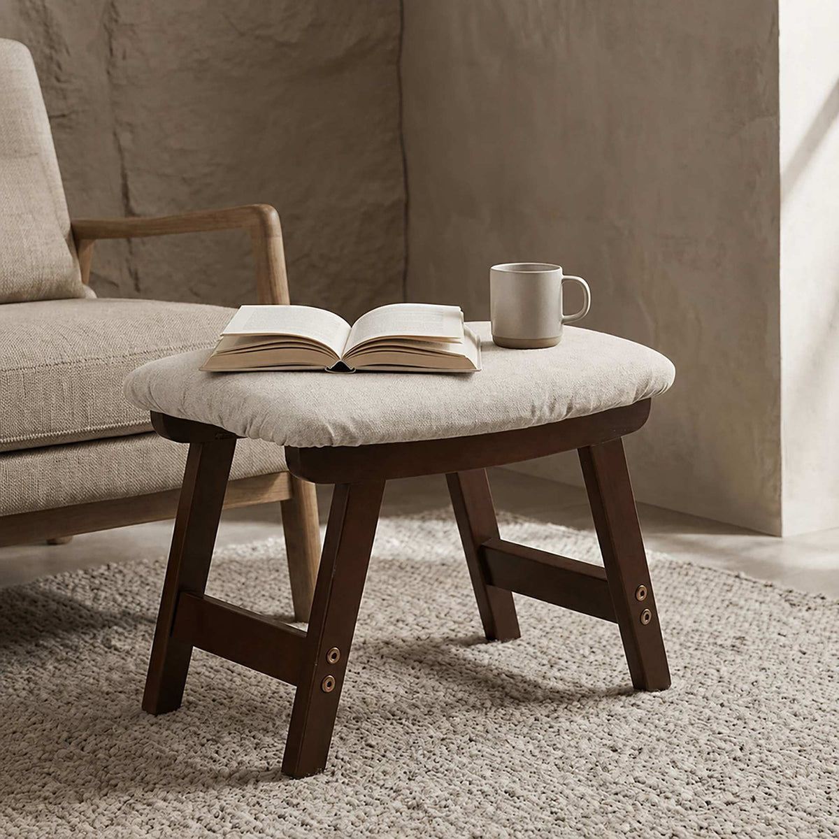 Ergonomic Beige Footstool, Beech Wood & Linen Upholstery
