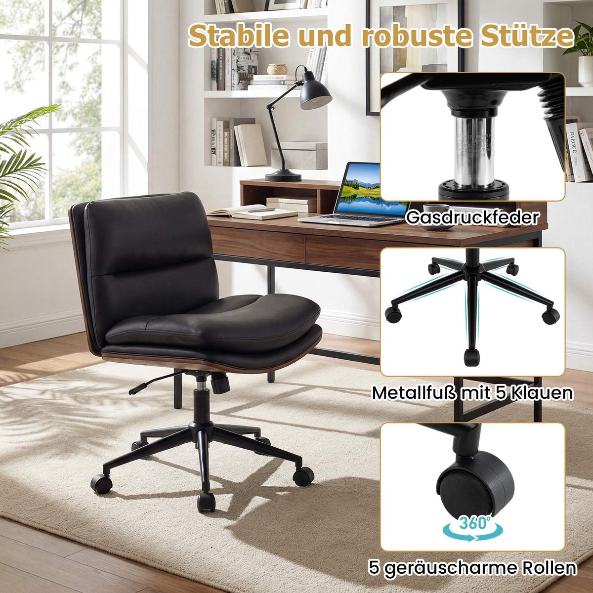 Ergonomic Black Desk Chair with Wheels, No Armrests