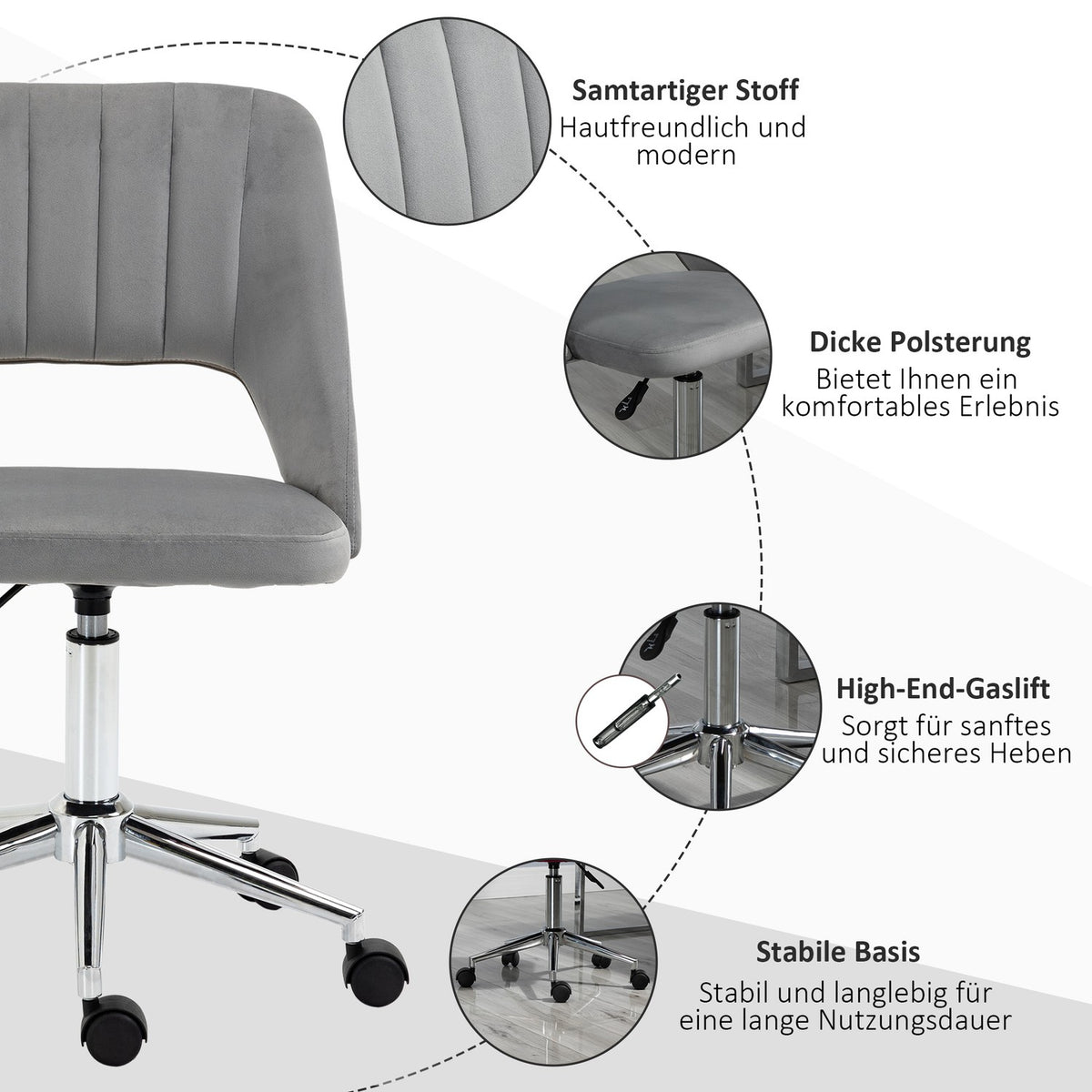 Ergonomic Grey Velvet Office Chair with Adjustable Height