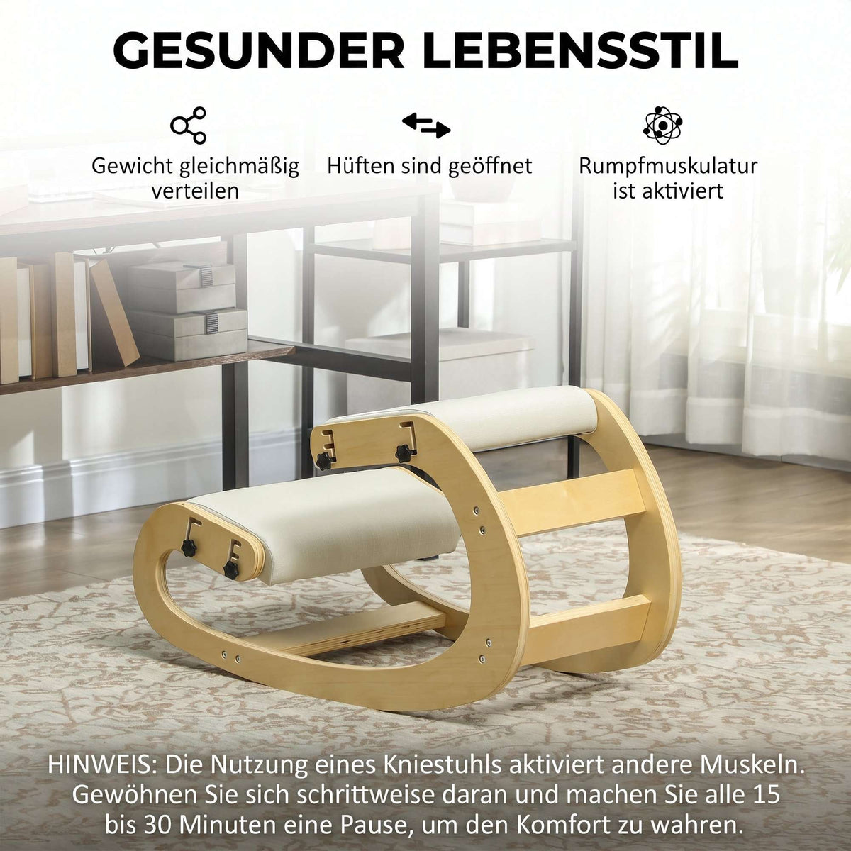 Ergonomic Kneeling Chair, Adjustable Birch Wood Base, Cream