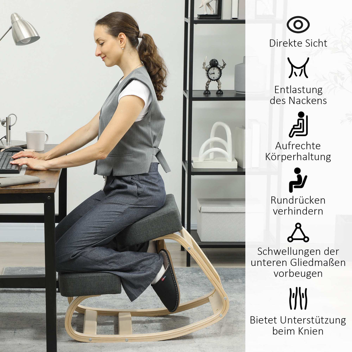 Ergonomic Kneeling Chair, Birch Wood, 120kg Capacity, Dark Grey