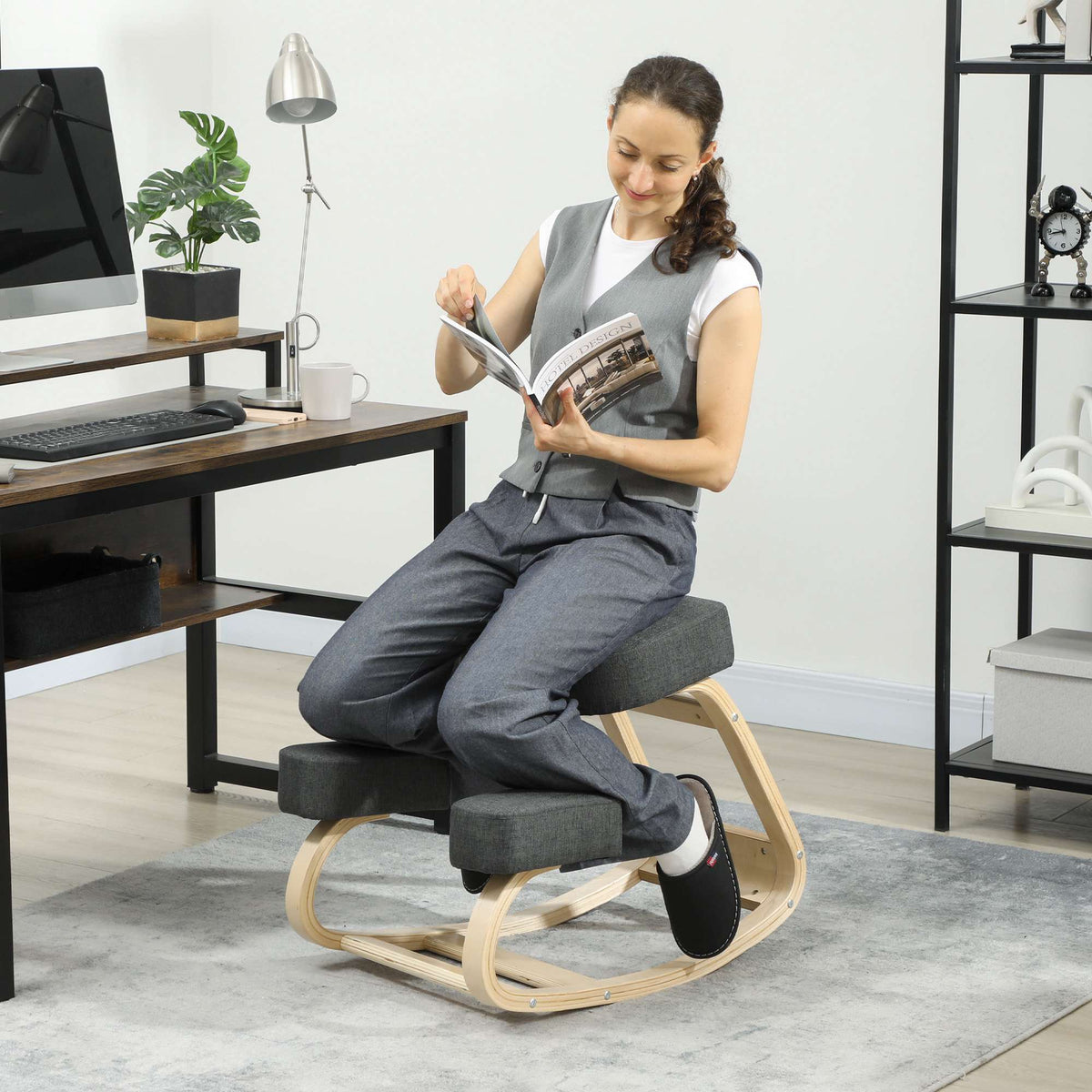 Ergonomic Kneeling Chair, Birch Wood, 120kg Capacity, Dark Grey
