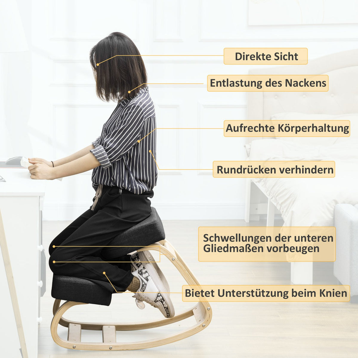 Ergonomic Kneeling Chair, Birch Wood, Black, 120 kg Capacity