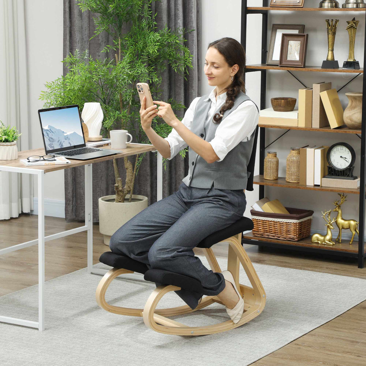 Ergonomic Kneeling Chair, Birch Wood, Black, Home & Office Use